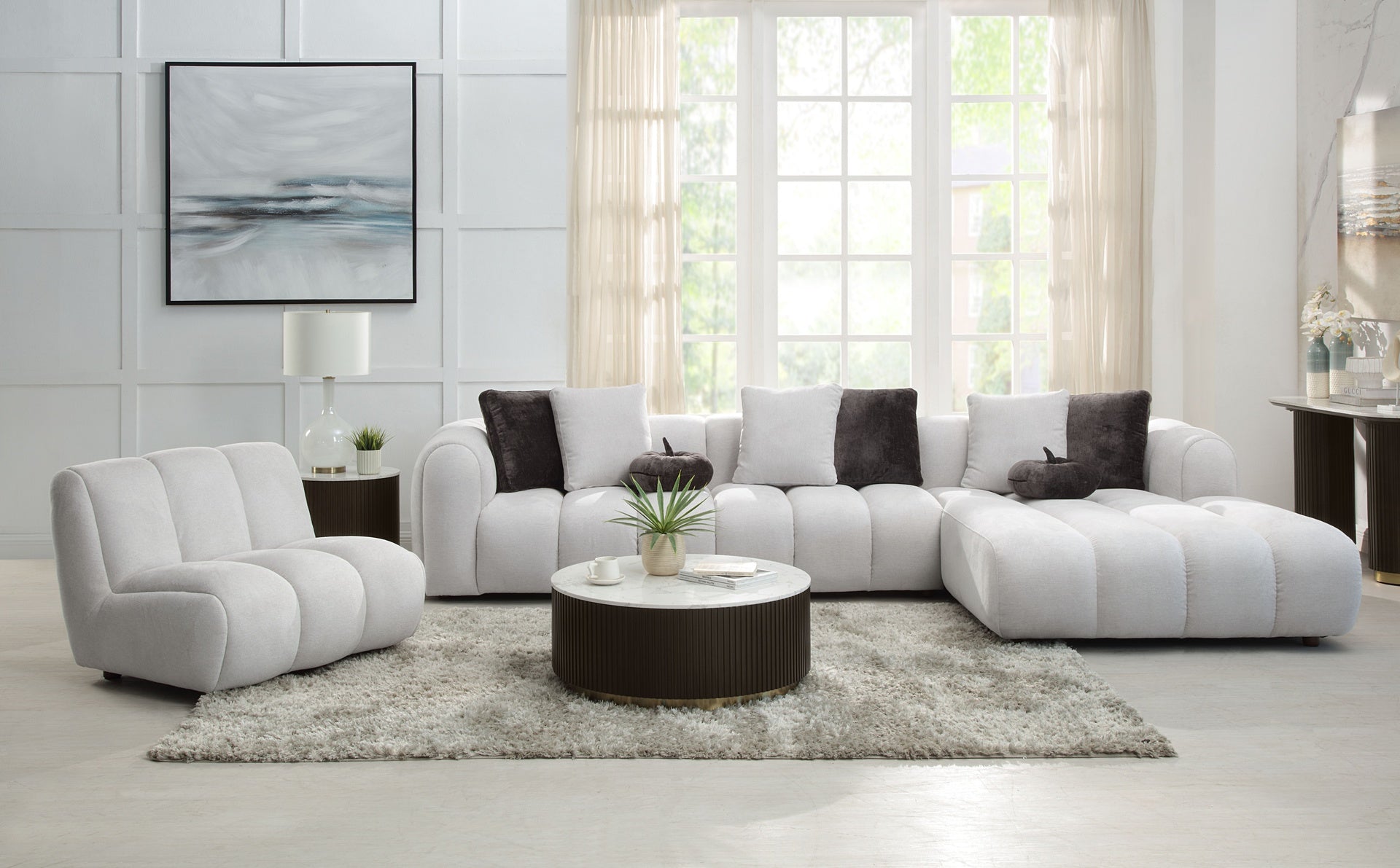 Manilla Ivory White Linen 2 Pcs Sectional Sofa w/Chaise w/ 1 Armless Chair