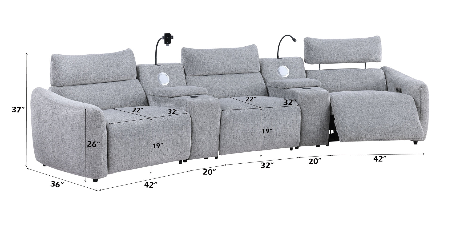 Fullar Modular Power Motion Sectional Sofa with Console, 2 Wireless Chargers,  4 Cupholders, and 2 Speakers, 1 Phone Holder and 1 Reading Light, Adjustable Headrest