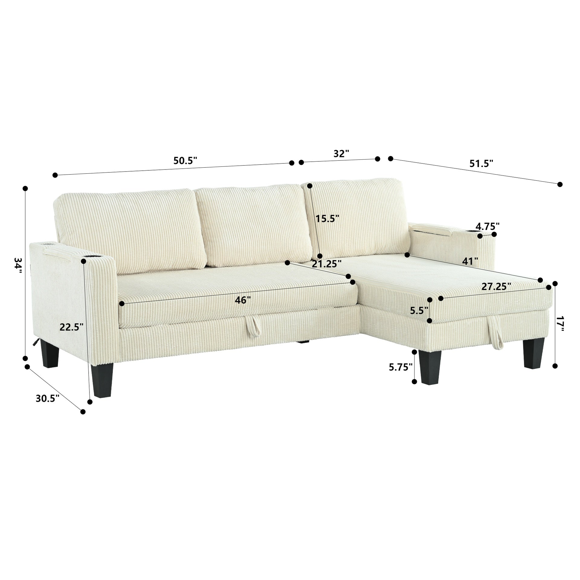 Reversible Sectional Sofa with Storage Chaise, Arm With Cup Holder,Storage and USB Ports , Modern Corduroy fabric Sleeper Sofa L-Shaped Couch for Living Room, Bedroom, Apartment,Office
