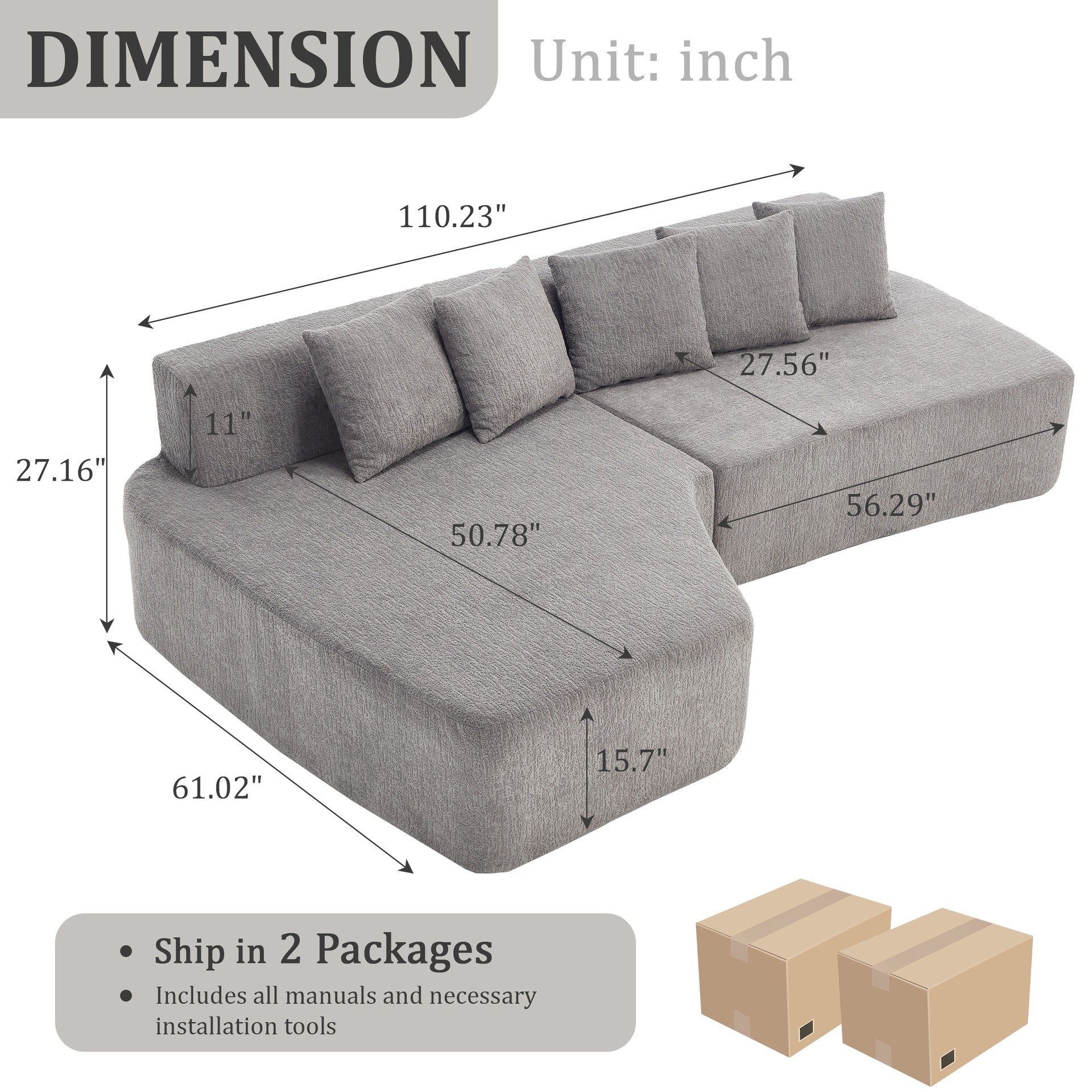 Compression Sectional Couch with Comfy Chaise,Irregular L-shaped compression sofa with deep seat, Minimalist Modular Couches Sleeper for Living Room Bedroom Apartment Lounge-LIGHT GREY