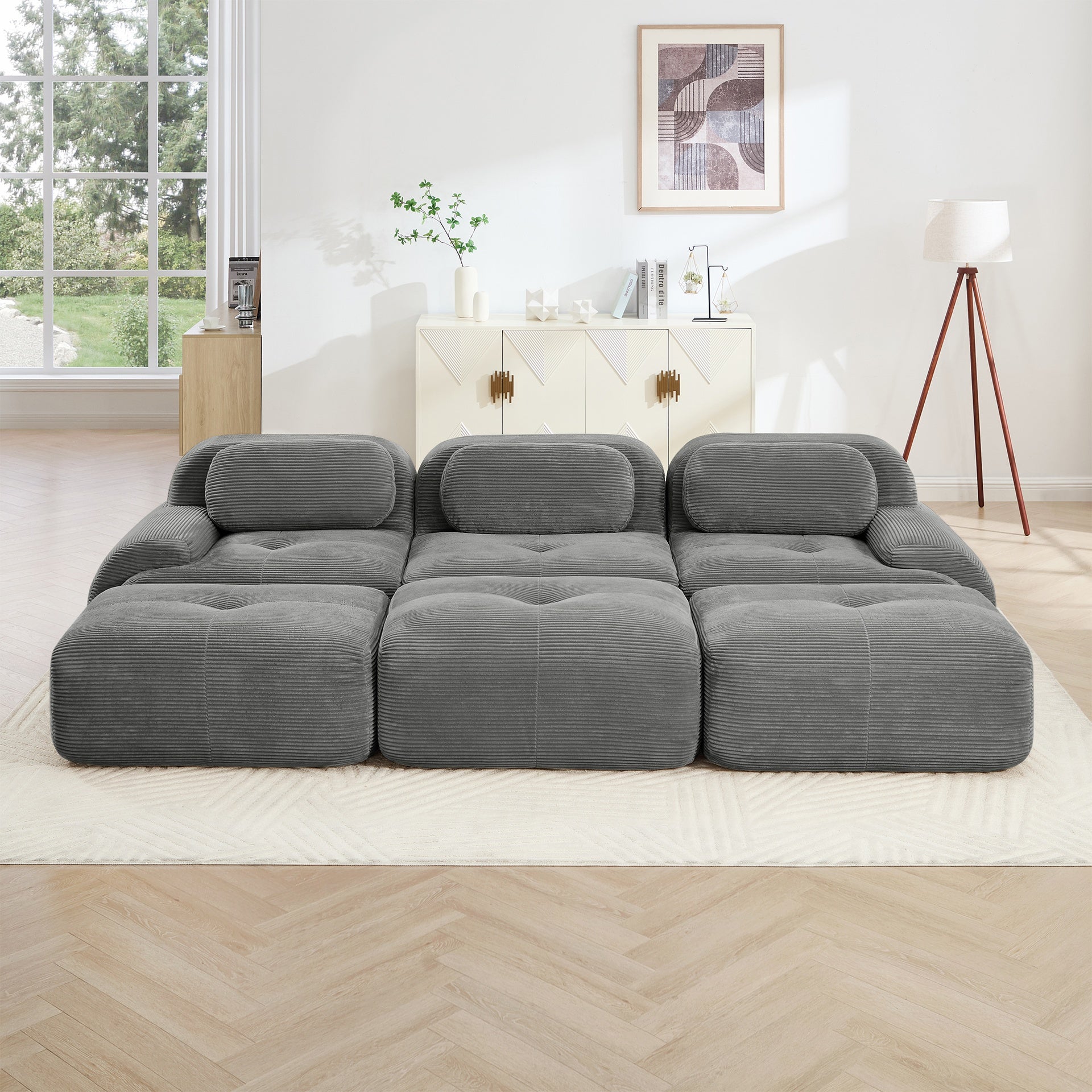 Three-seat modular sofa with 3 Ottomans corduroy fabric no assembly pet-friendly ultra-wide curved armrests 32D high-resilience sponge living rooms media rooms,Grey