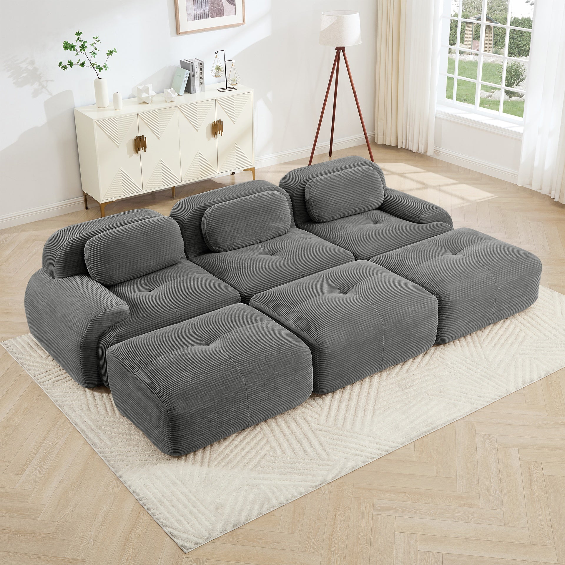 Three-seat modular sofa with 3 Ottomans corduroy fabric no assembly pet-friendly ultra-wide curved armrests 32D high-resilience sponge living rooms media rooms,Grey