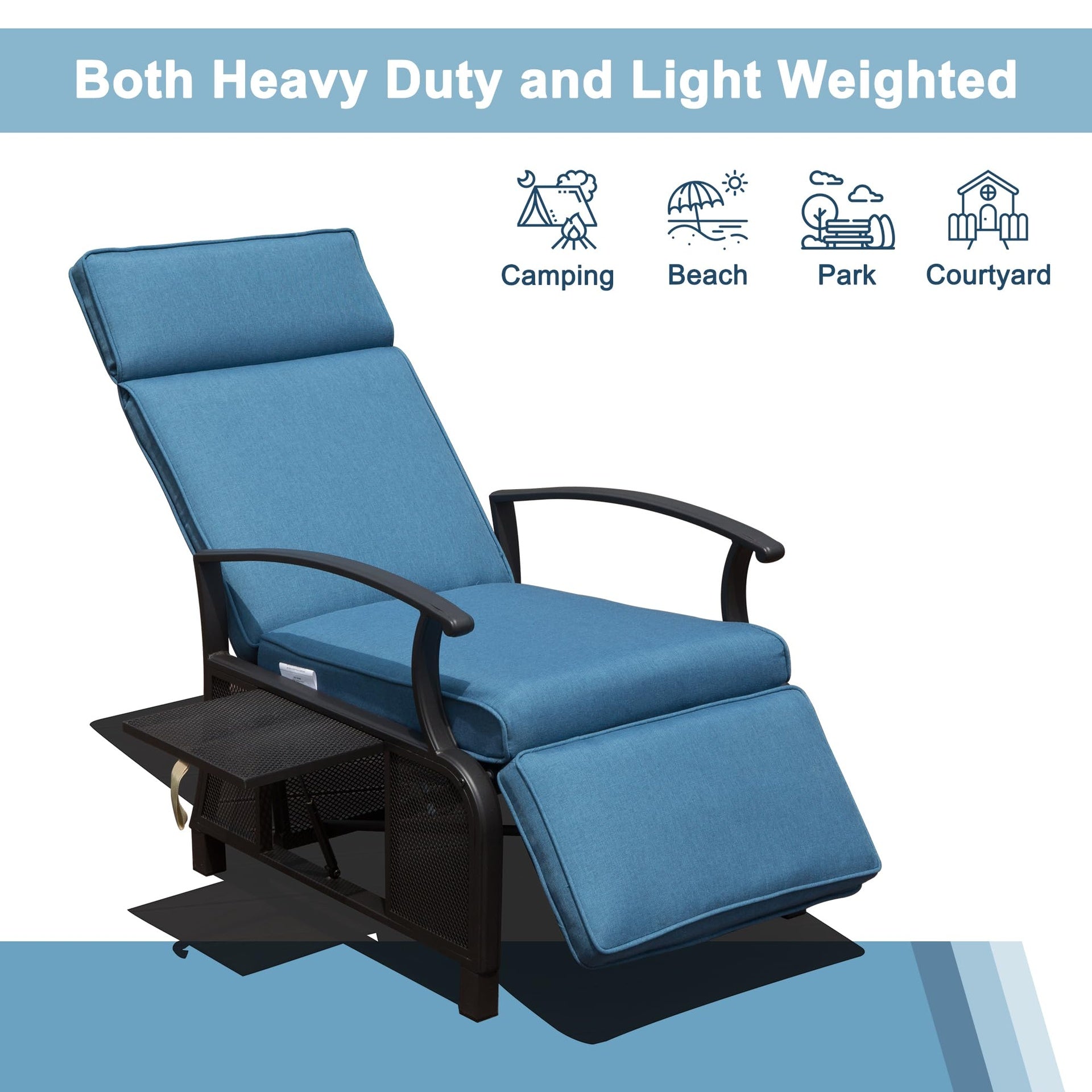 Adjustable Patio Recliner Chair Metal Outdoor Lounge Chair with Flip Table Push Back, Adjustable Angle, Removable Cushions, Support 350lbs, Navy Blue