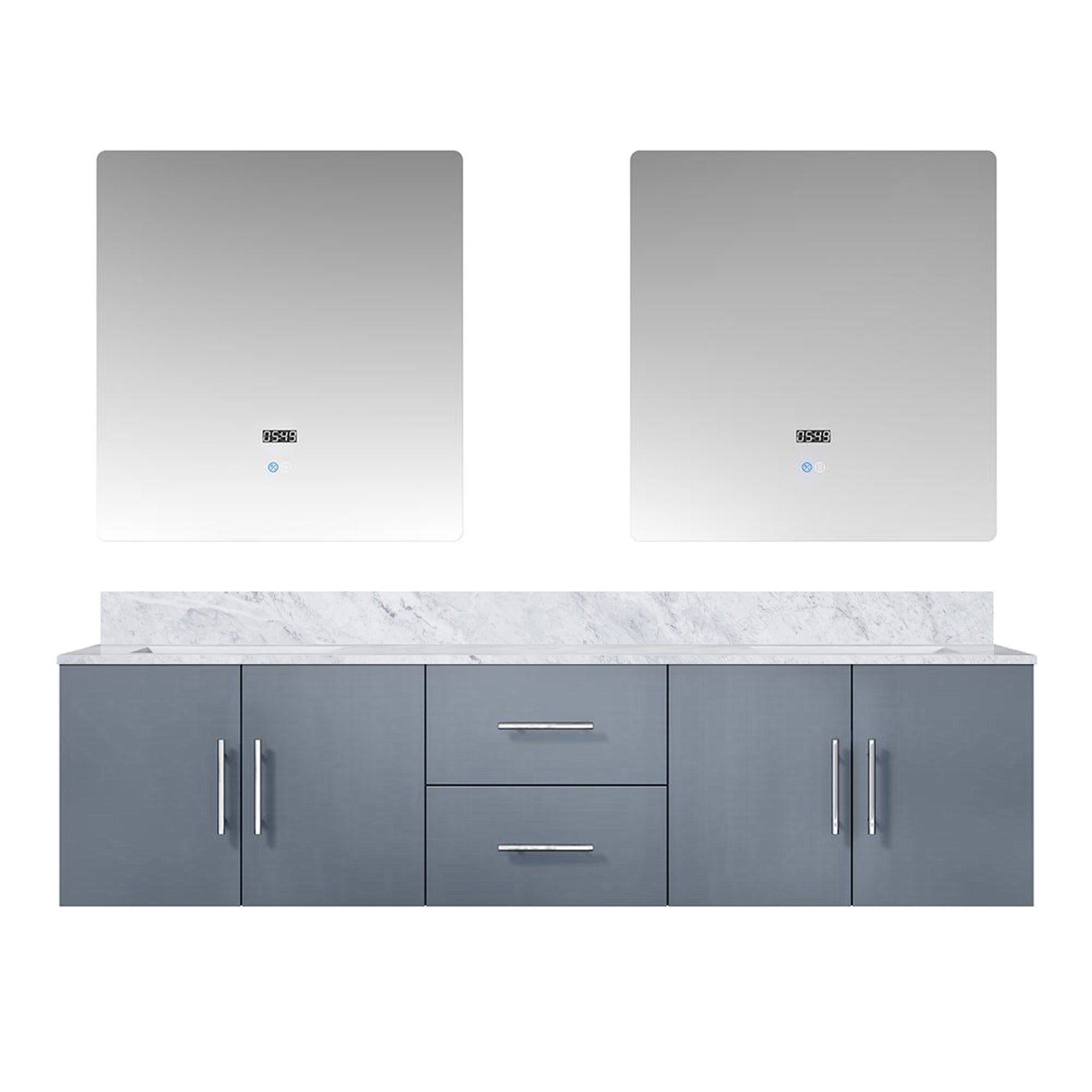 Dark Grey Double Bath Vanity 72 in. W x 22 in. D, Carrara Marble Top, and 30 in. LED Mirrors
