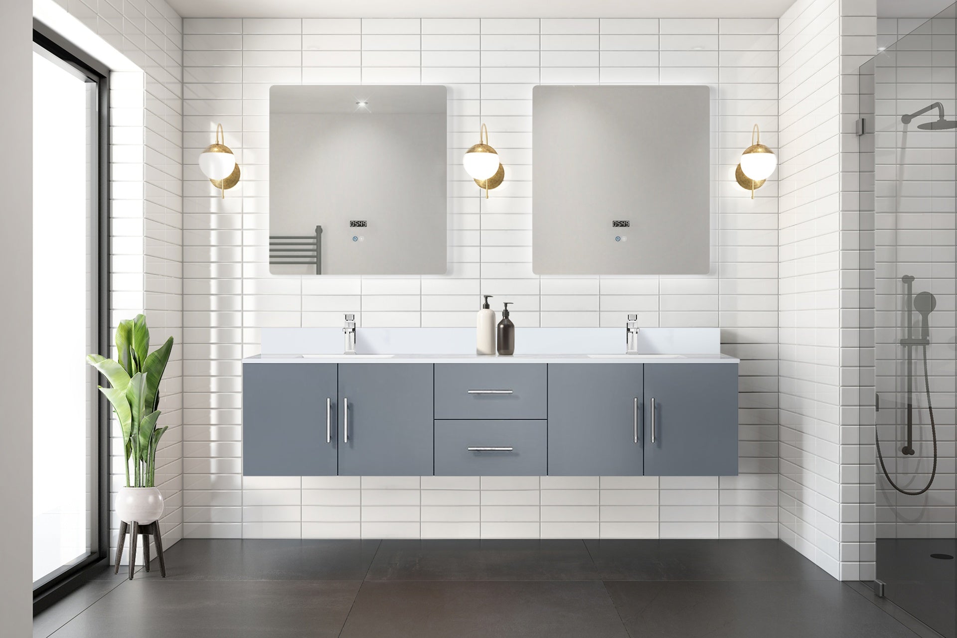 Dark Grey Double Bath Vanity 80 in. W x 22 in. D, White Quartz Top, and 30 in. LED Mirrors