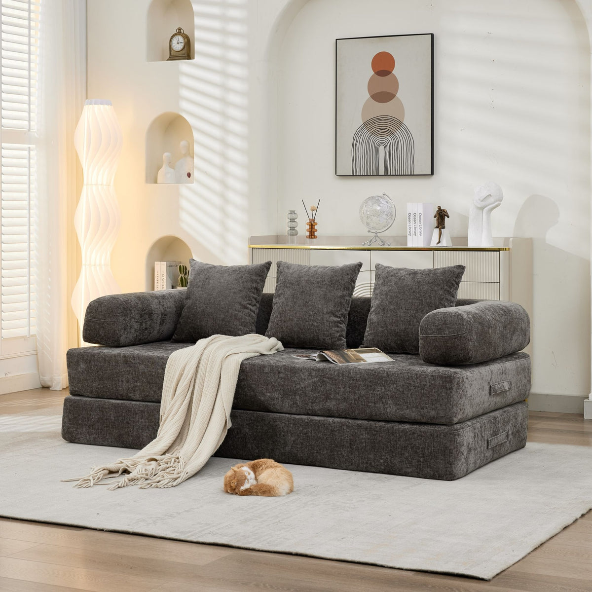 Comfy Convertible Folding Mattress Couch, Floor Sofa Bed, Chenille Floor Sofa with Armrest, Floor Sofa Lounge Couch for Living Room Bedroom Lounge Studio-Gray,SF503GY