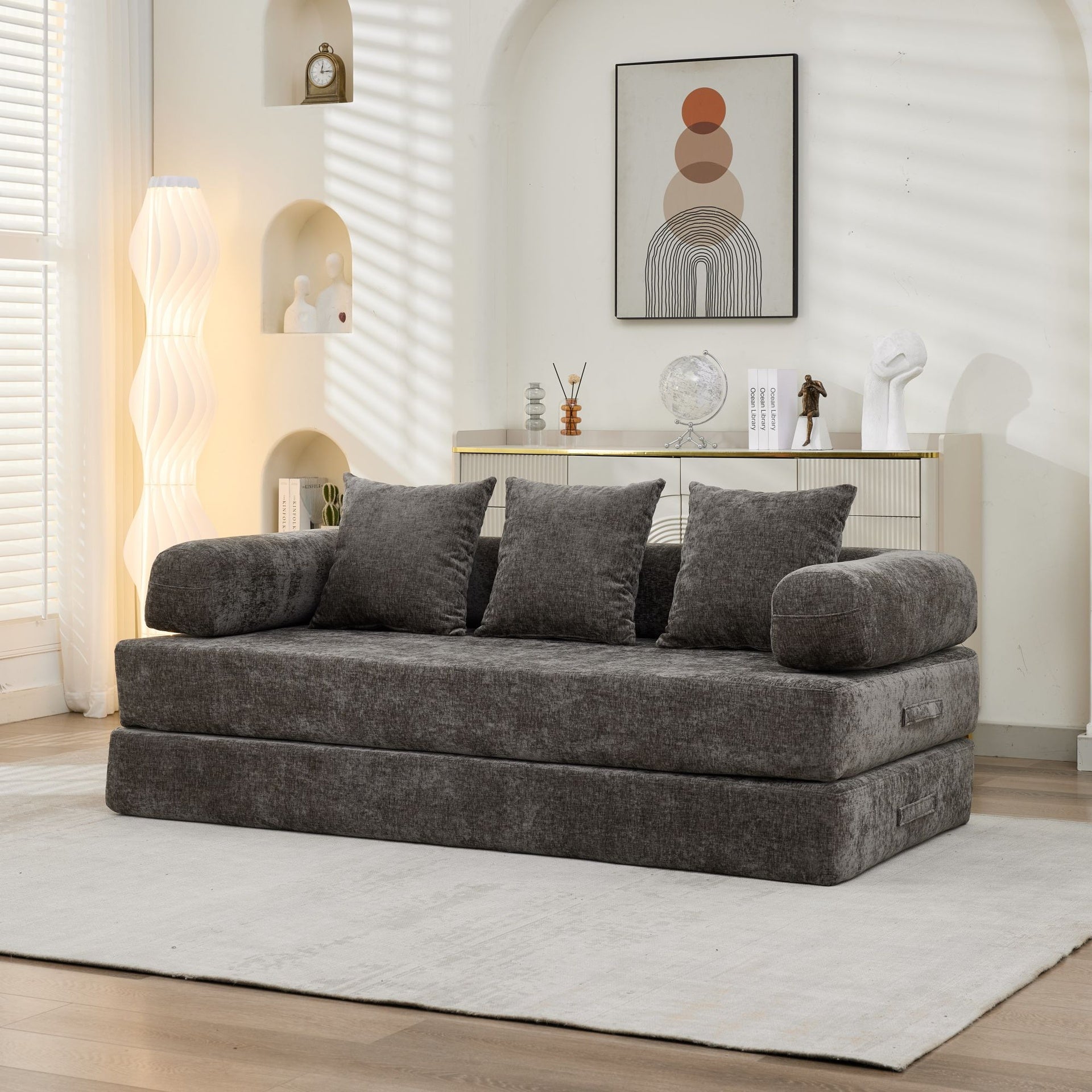 Comfy Convertible Folding Mattress Couch, Floor Sofa Bed, Chenille Floor Sofa with Armrest, Floor Sofa Lounge Couch for Living Room Bedroom Lounge Studio-Gray,SF503GY