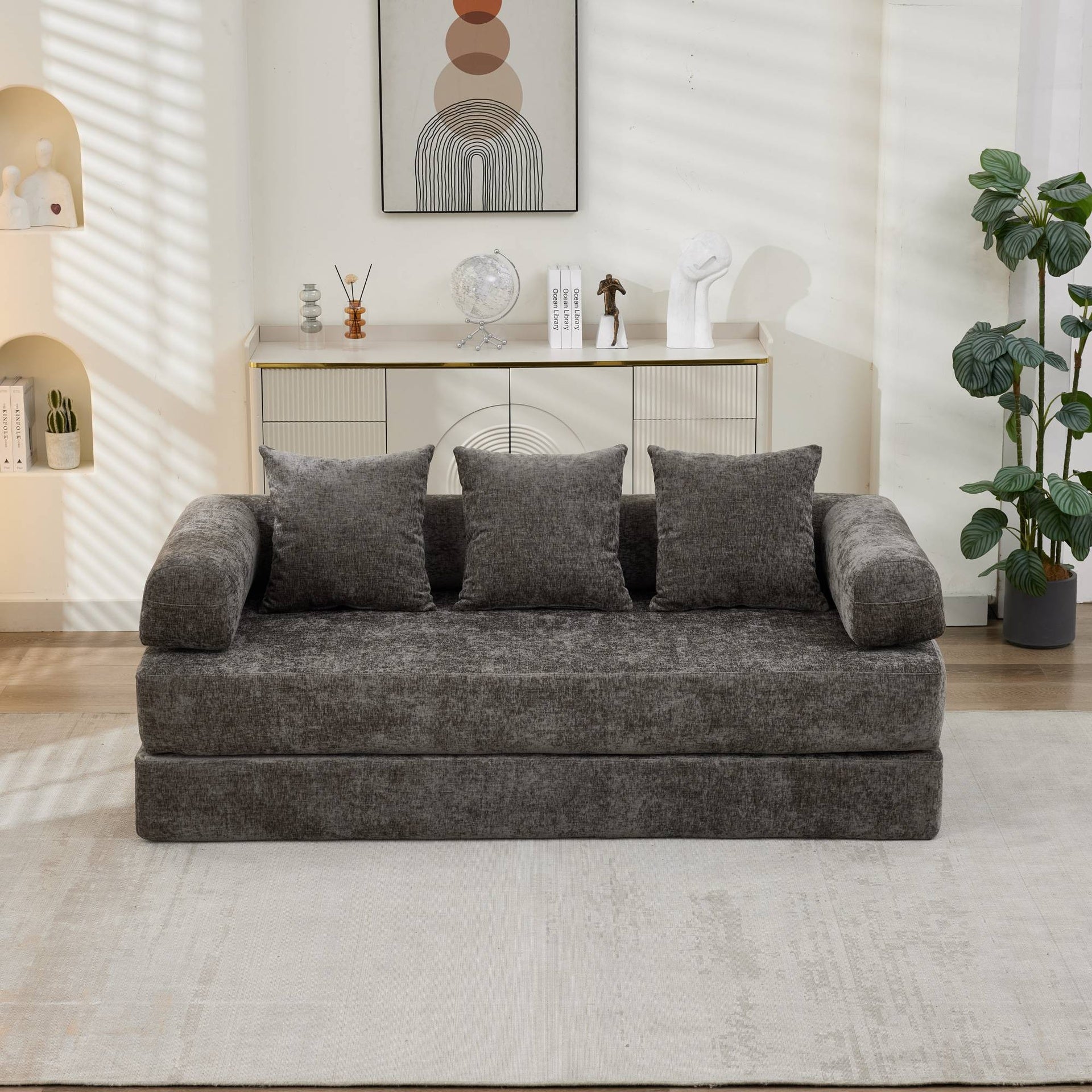 Comfy Convertible Folding Mattress Couch, Floor Sofa Bed, Chenille Floor Sofa with Armrest, Floor Sofa Lounge Couch for Living Room Bedroom Lounge Studio-Gray,SF503GY