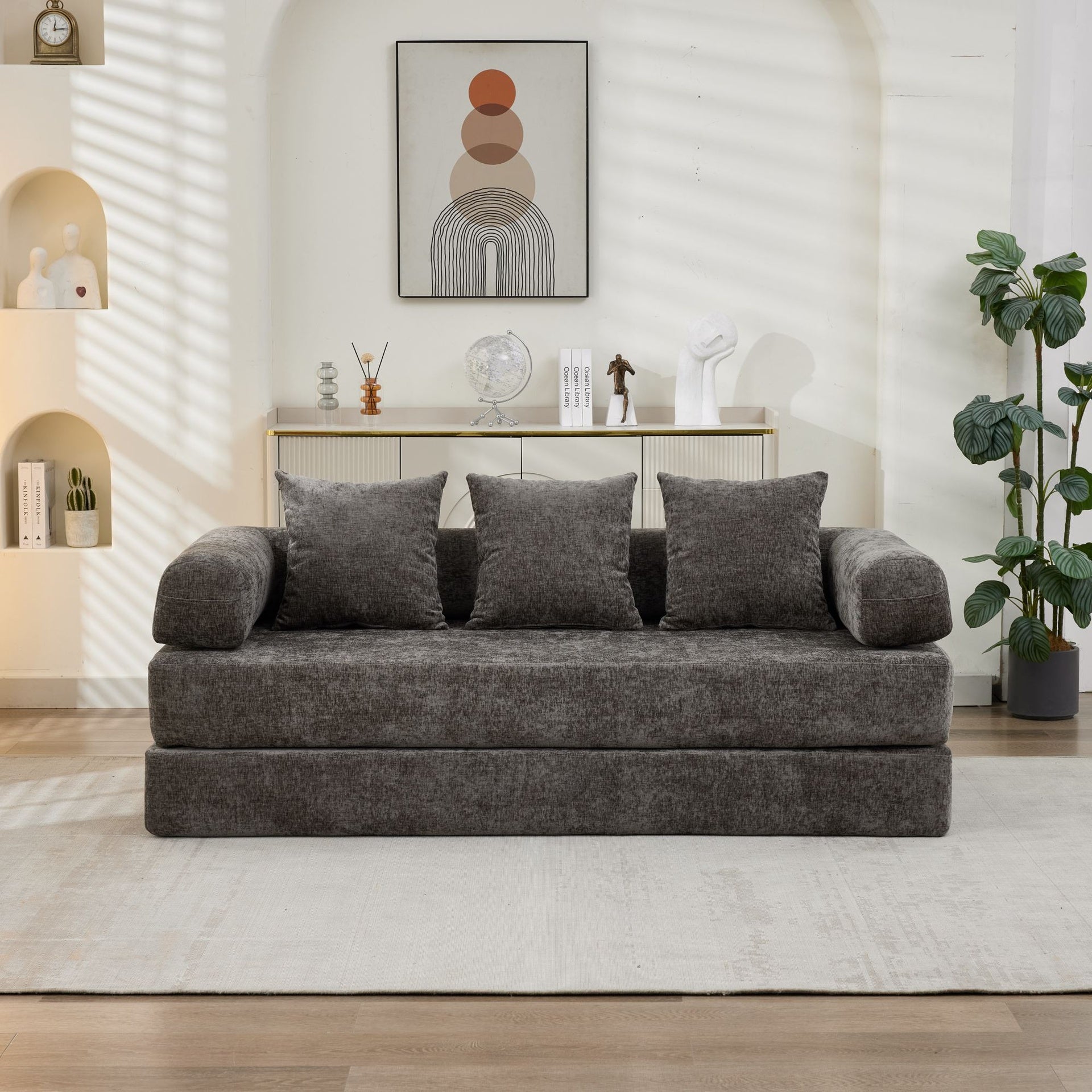 Comfy Convertible Folding Mattress Couch, Floor Sofa Bed, Chenille Floor Sofa with Armrest, Floor Sofa Lounge Couch for Living Room Bedroom Lounge Studio-Gray,SF503GY