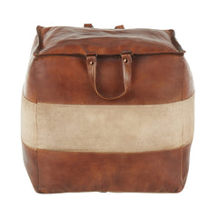 Cobbler Industrial Pouf in Brown Leather and Tan Canvas by LumiSource