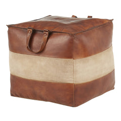 Cobbler Industrial Pouf in Brown Leather and Tan Canvas by LumiSource