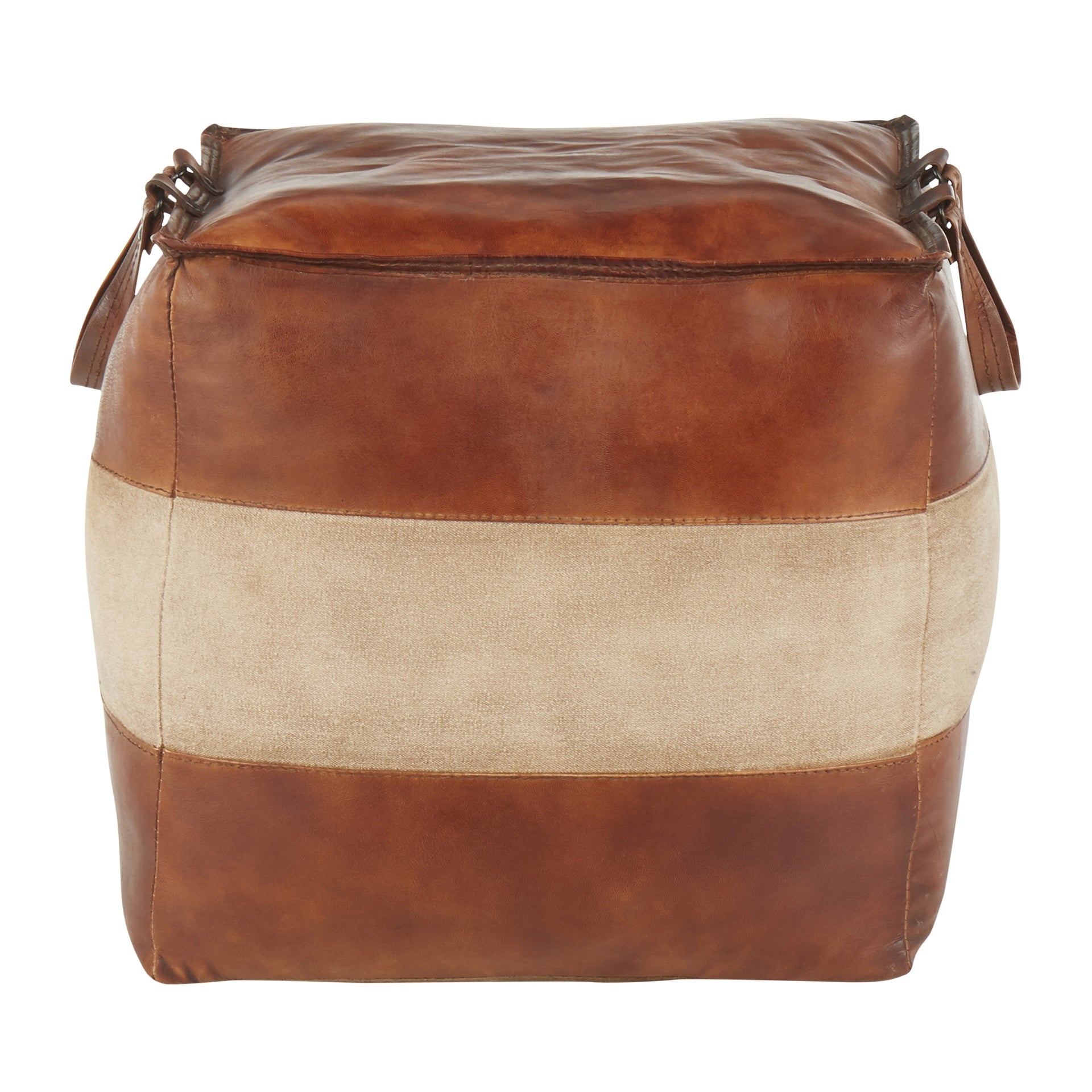 Cobbler Industrial Pouf in Brown Leather and Tan Canvas by LumiSource