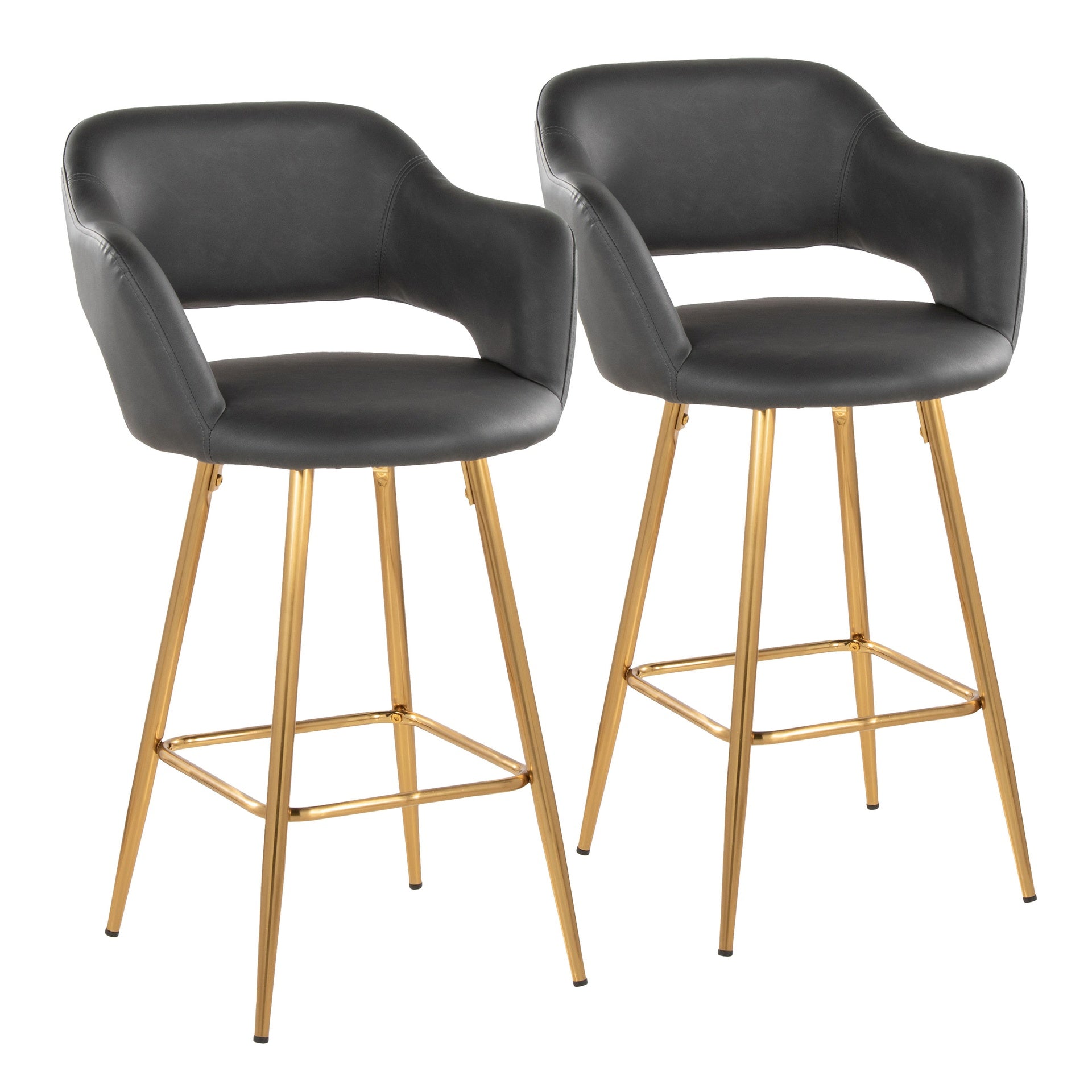 Margarite 26" Contemporary Fixed-Height Counter Stool in Gold Metal and Grey Faux Leather with Square Gold Metal Footrest by LumiSource - Set of 2
