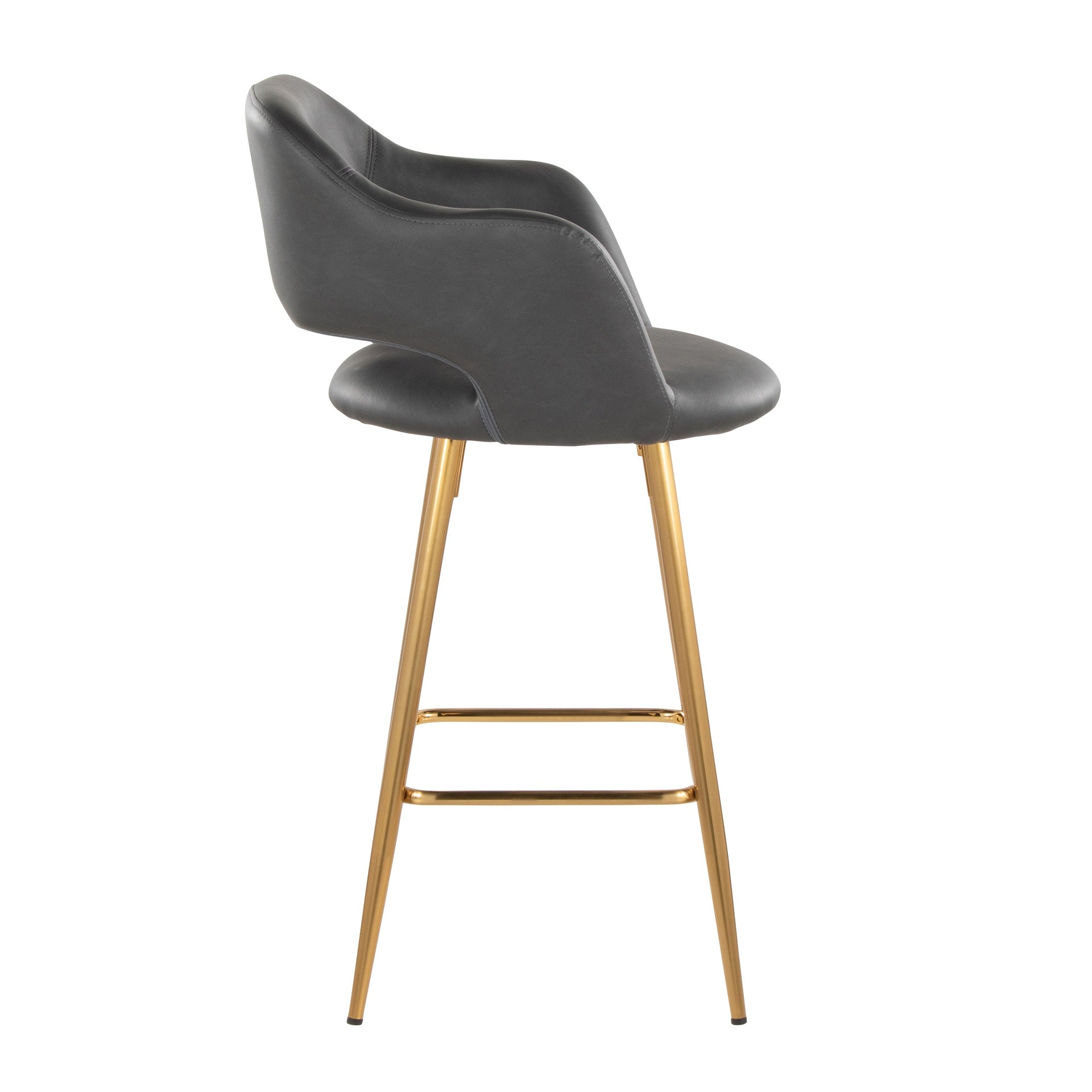 Margarite 26" Contemporary Fixed-Height Counter Stool in Gold Metal and Grey Faux Leather with Square Gold Metal Footrest by LumiSource - Set of 2