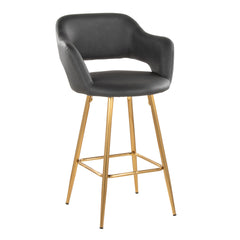 Margarite 26" Contemporary Fixed-Height Counter Stool in Gold Metal and Grey Faux Leather with Square Gold Metal Footrest by LumiSource - Set of 2