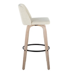 Toriano  Fixed-Height Barstool in White Washed Wood and Cream Fabric with Round Black Metal Footrest by LumiSource - Set of 2
