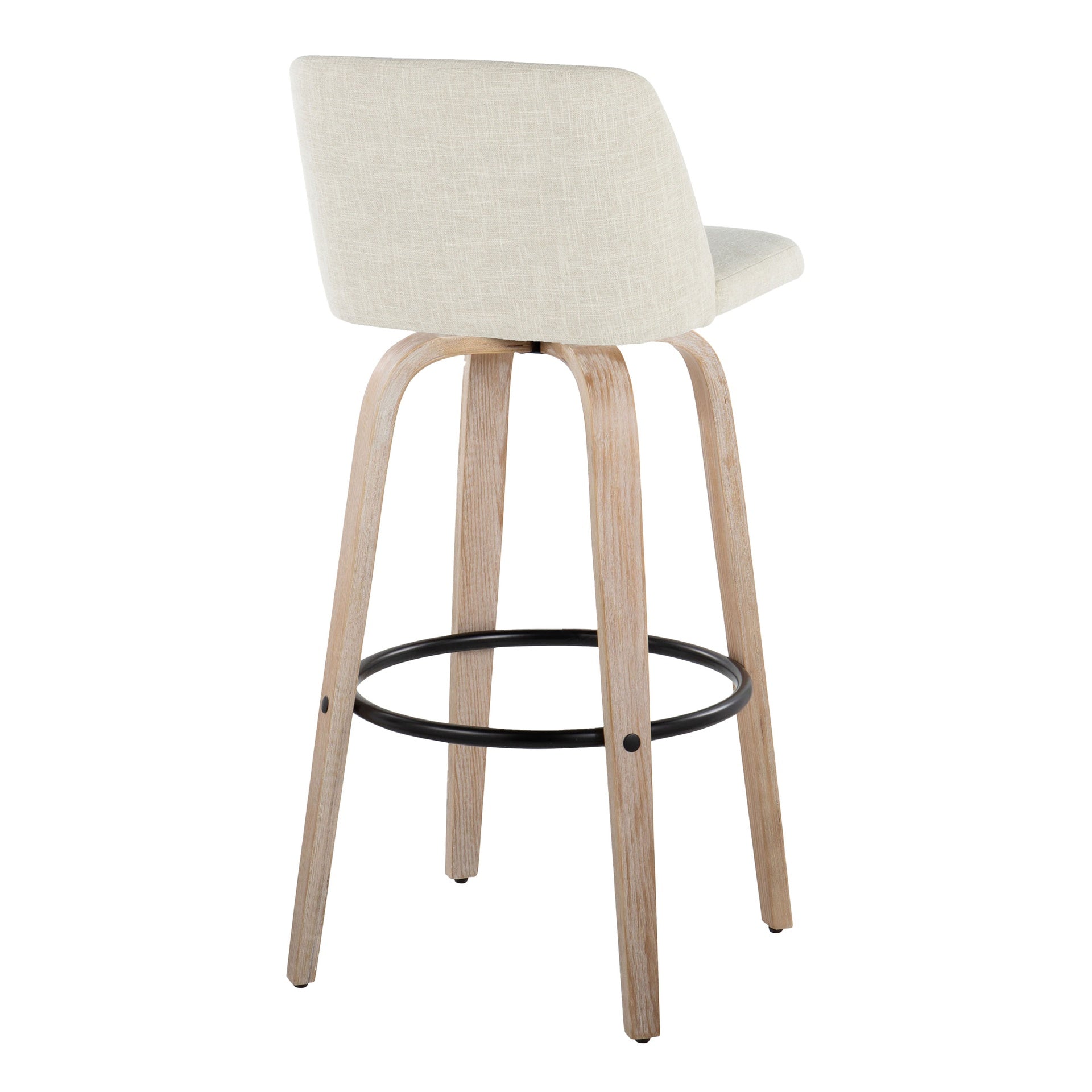 Toriano  Fixed-Height Barstool in White Washed Wood and Cream Fabric with Round Black Metal Footrest by LumiSource - Set of 2