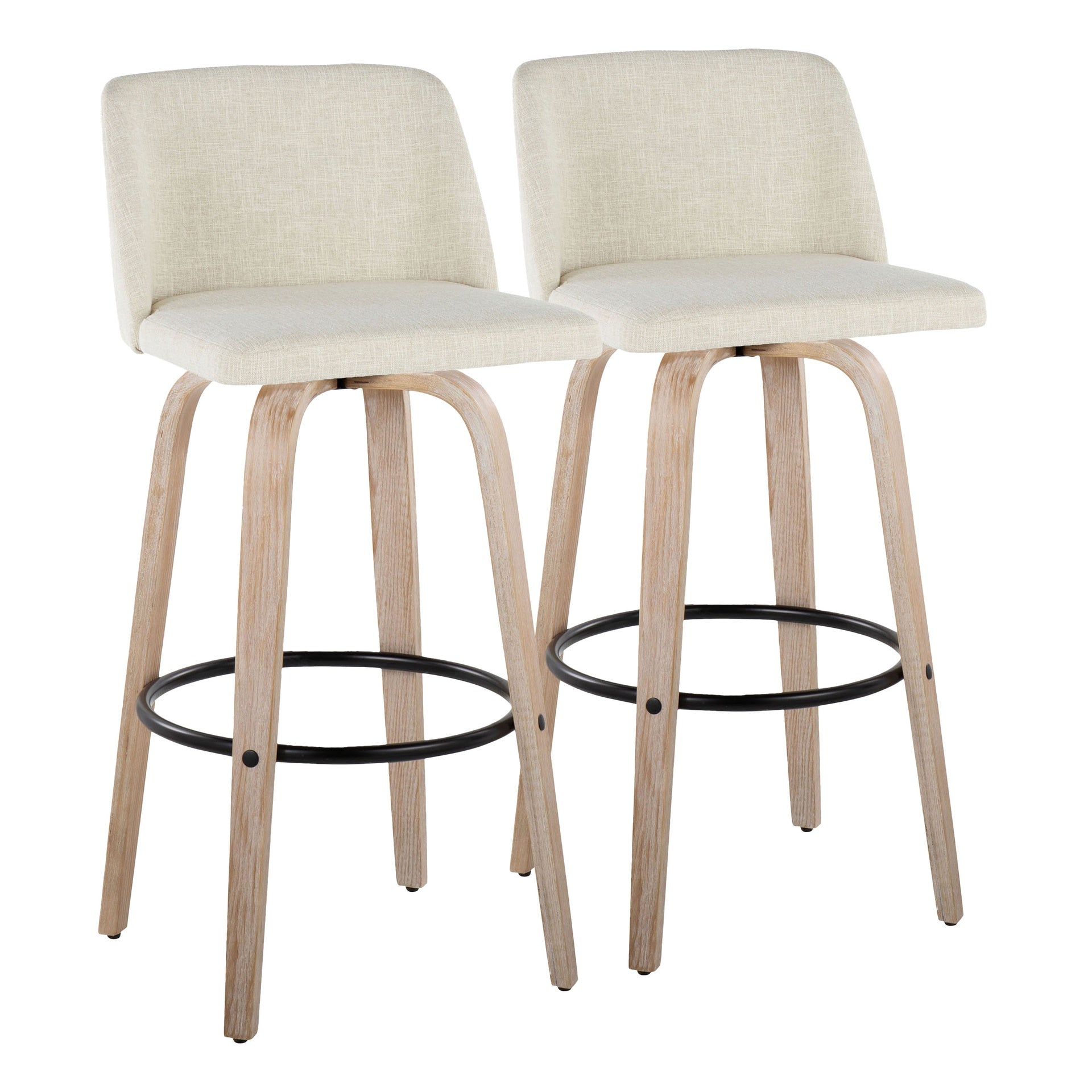 Toriano  Fixed-Height Barstool in White Washed Wood and Cream Fabric with Round Black Metal Footrest by LumiSource - Set of 2