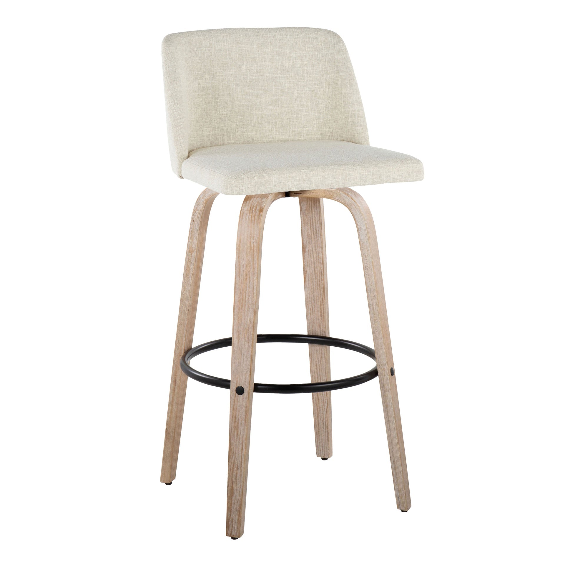 Toriano  Fixed-Height Barstool in White Washed Wood and Cream Fabric with Round Black Metal Footrest by LumiSource - Set of 2