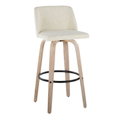 Toriano  Fixed-Height Barstool in White Washed Wood and Cream Fabric with Round Black Metal Footrest by LumiSource - Set of 2