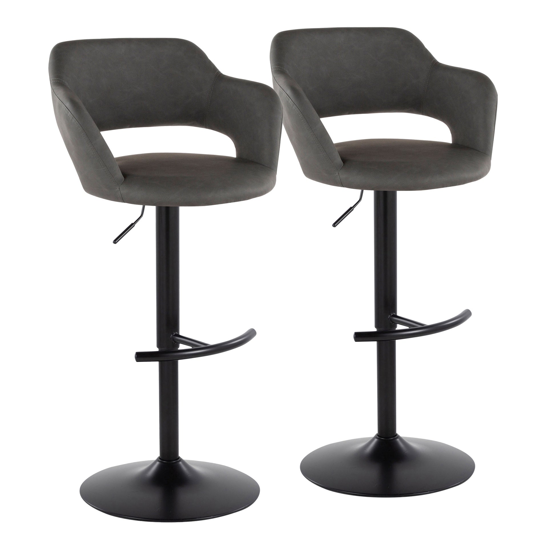 Margarite Contemporary Adjustable Barstool with Swivel in Black Metal and Grey Faux Leather with Rounded T Footrest by LumiSource - Set of 2