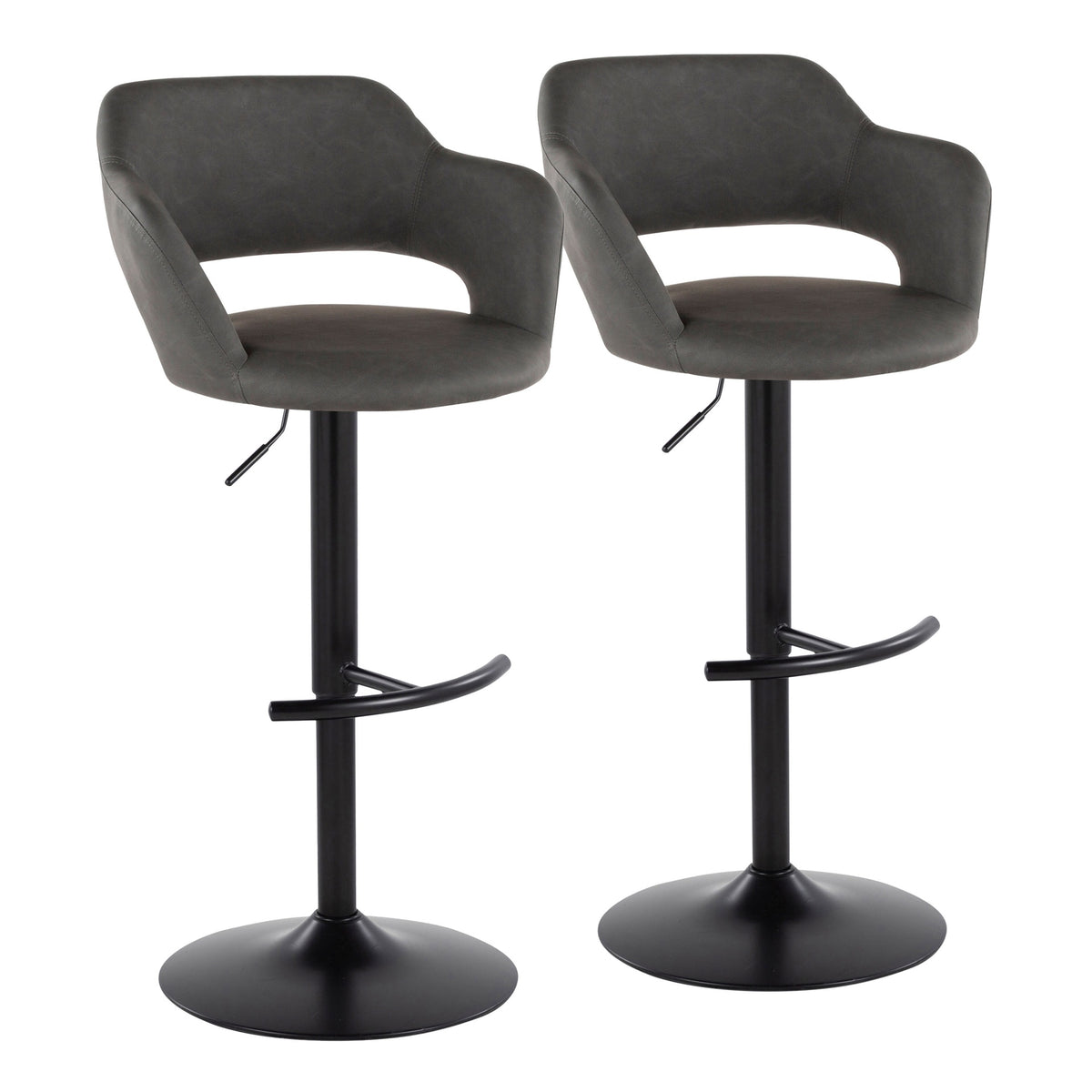 Margarite Contemporary Adjustable Barstool with Swivel in Black Metal and Grey Faux Leather with Rounded T Footrest by LumiSource - Set of 2