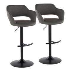 Margarite Contemporary Adjustable Barstool with Swivel in Black Metal and Grey Faux Leather with Rounded T Footrest by LumiSource - Set of 2