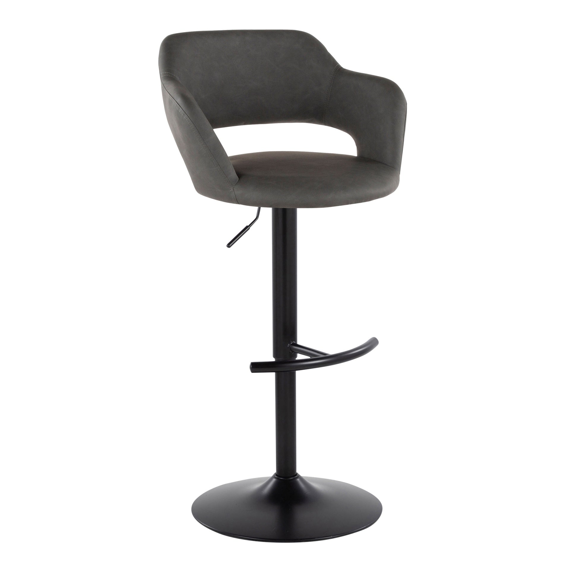 Margarite Contemporary Adjustable Barstool with Swivel in Black Metal and Grey Faux Leather with Rounded T Footrest by LumiSource - Set of 2