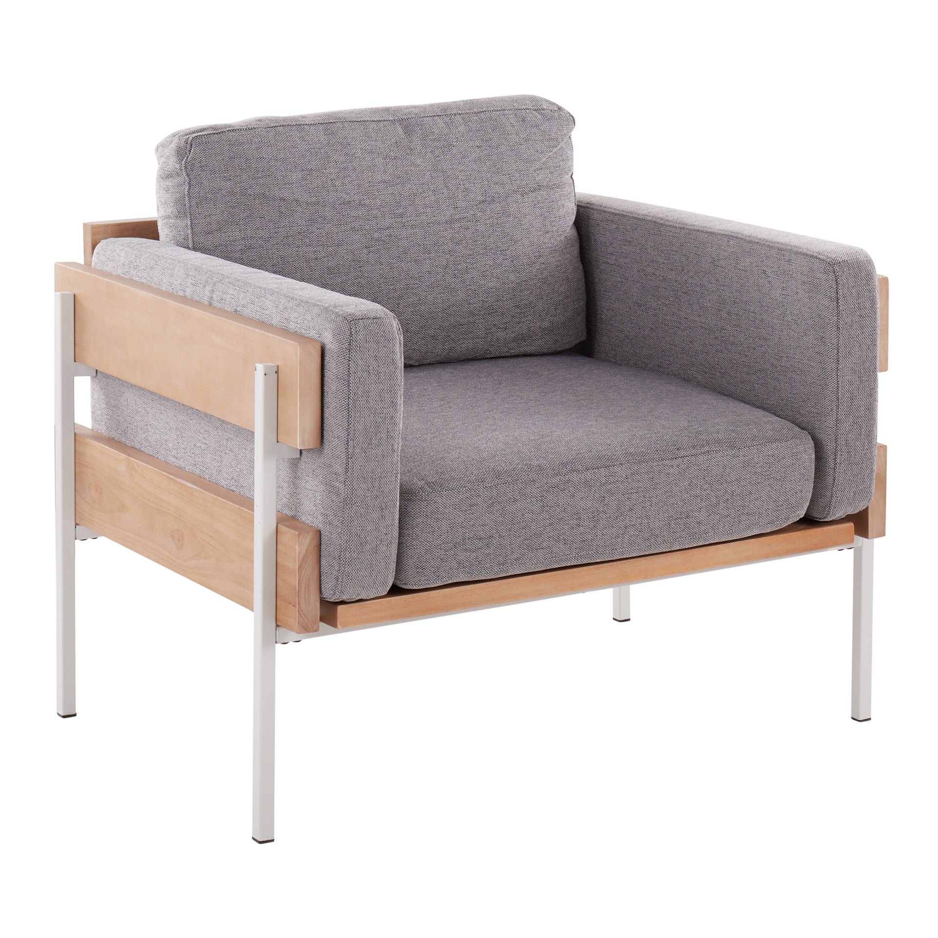 Kari Farmhouse Accent Chair in White Metal, Natural Wood, and Light Grey Fabric by LumiSource