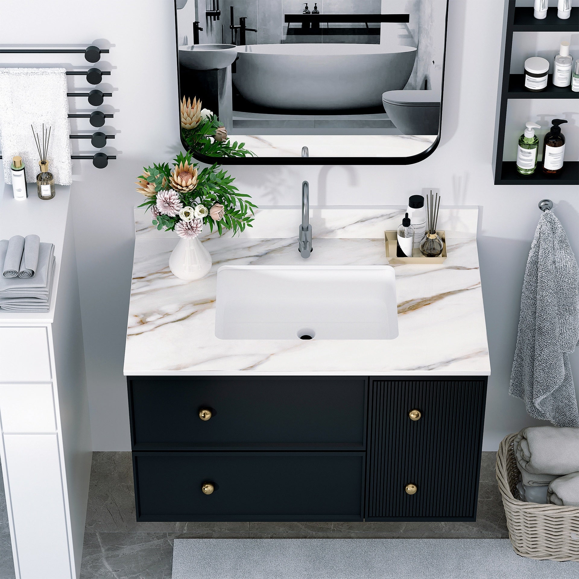 37 Inch Marble Vanity Top, Bathroom Vanity Top with Undermount Rectangular Middle Sink and 4" Height Backsplash, Pre-Drilled  Faucet Hole  Vanity Top, Carrara white with veins