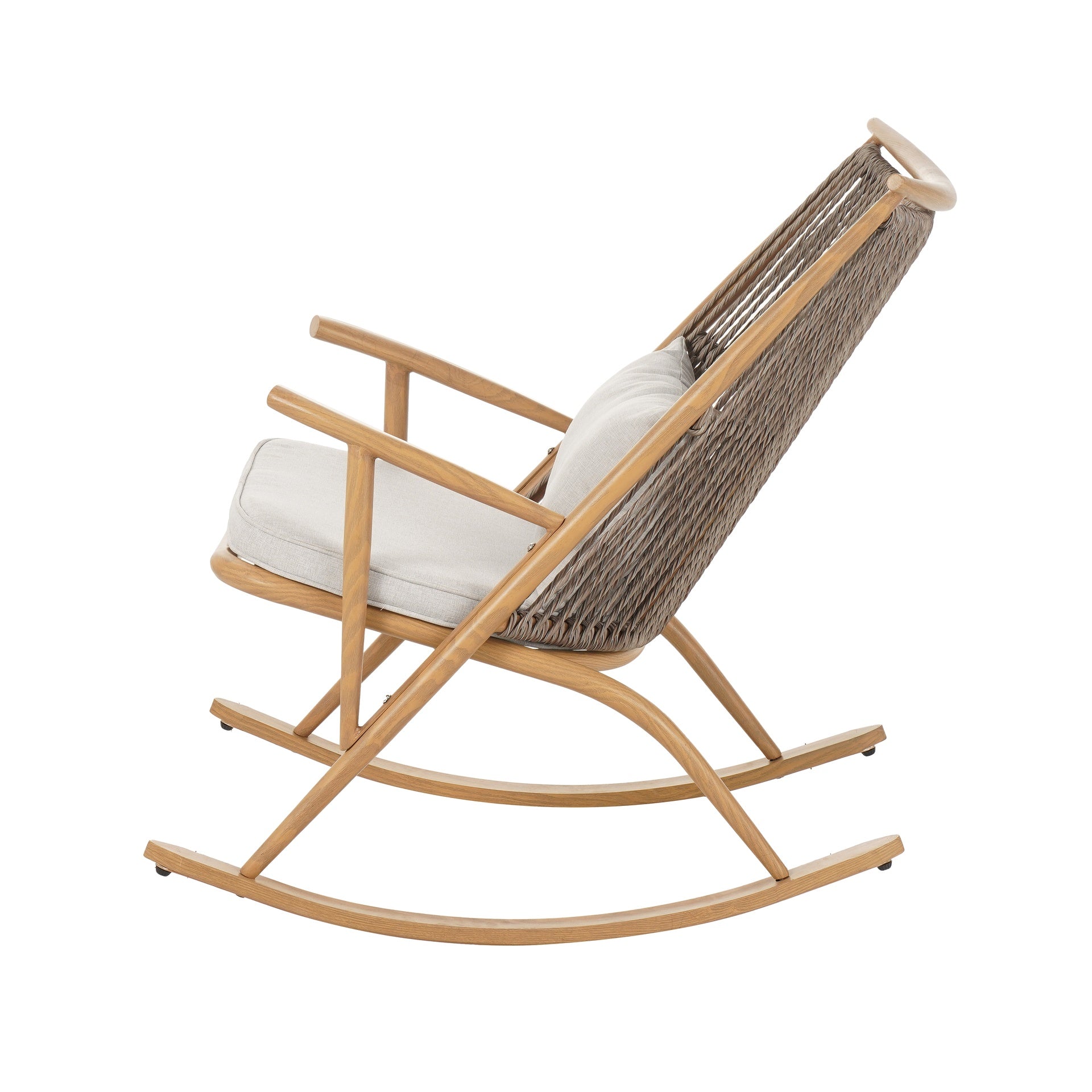 Outdoor Rocking Chair – Sturdy Iron Frame in Maple Finish, Gray PE Rattan Backrest & Light Gray Cushion