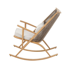 Outdoor Rocking Chair – Sturdy Iron Frame in Maple Finish, Gray PE Rattan Backrest & Light Gray Cushion