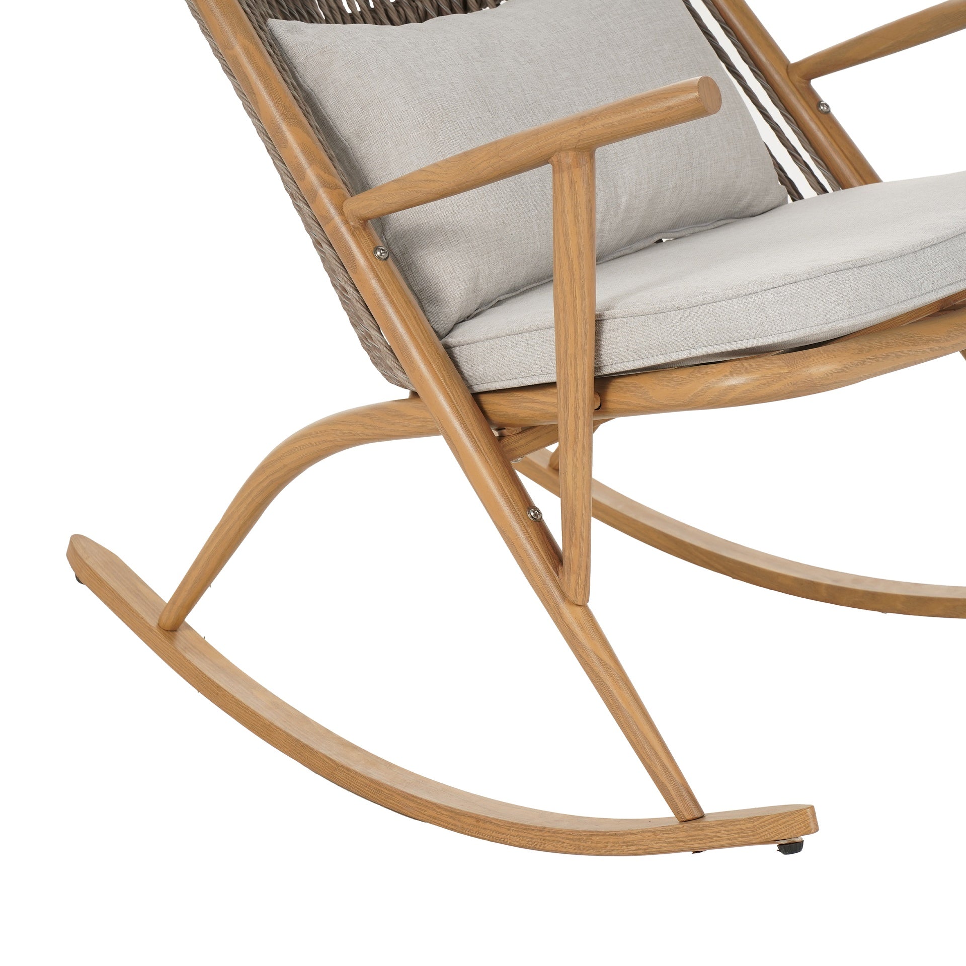 Outdoor Rocking Chair – Sturdy Iron Frame in Maple Finish, Gray PE Rattan Backrest & Light Gray Cushion