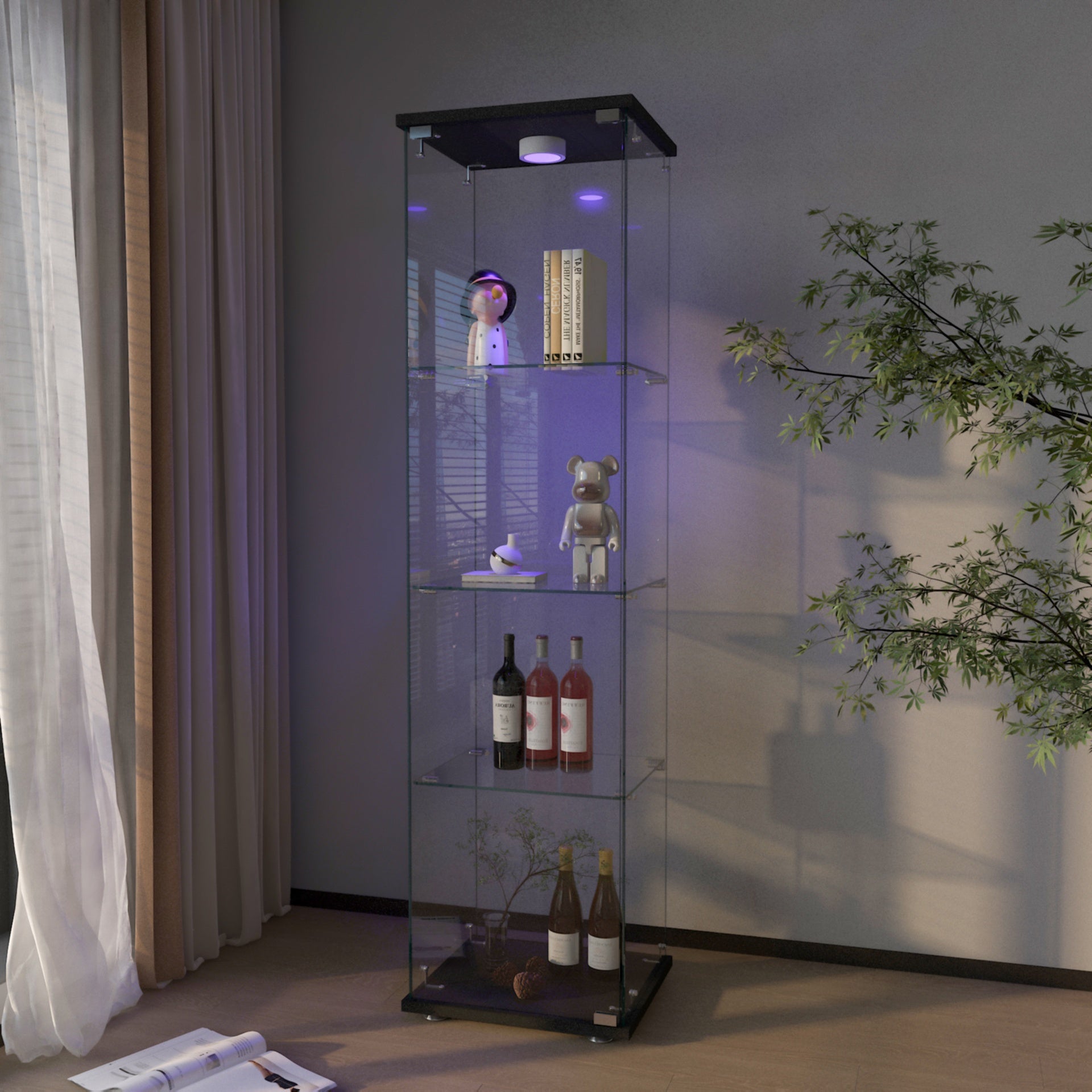 Modern Glass Display Cabinet with LED lights, Quick-assembly Antique Cabinet, Tempered Glass Bookshelf, Suitable for Living Room and Bedrooms, 1-door 4-shelf, Black