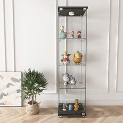 Modern Glass Display Cabinet with LED lights, Quick-assembly Antique Cabinet, Tempered Glass Bookshelf, Suitable for Living Room and Bedrooms, 1-door 4-shelf, Black
