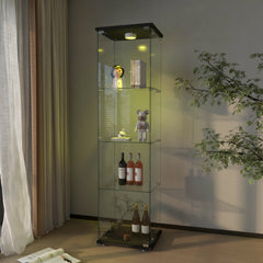 Modern Glass Display Cabinet with LED lights, Quick-assembly Antique Cabinet, Tempered Glass Bookshelf, Suitable for Living Room and Bedrooms, 1-door 4-shelf, Black