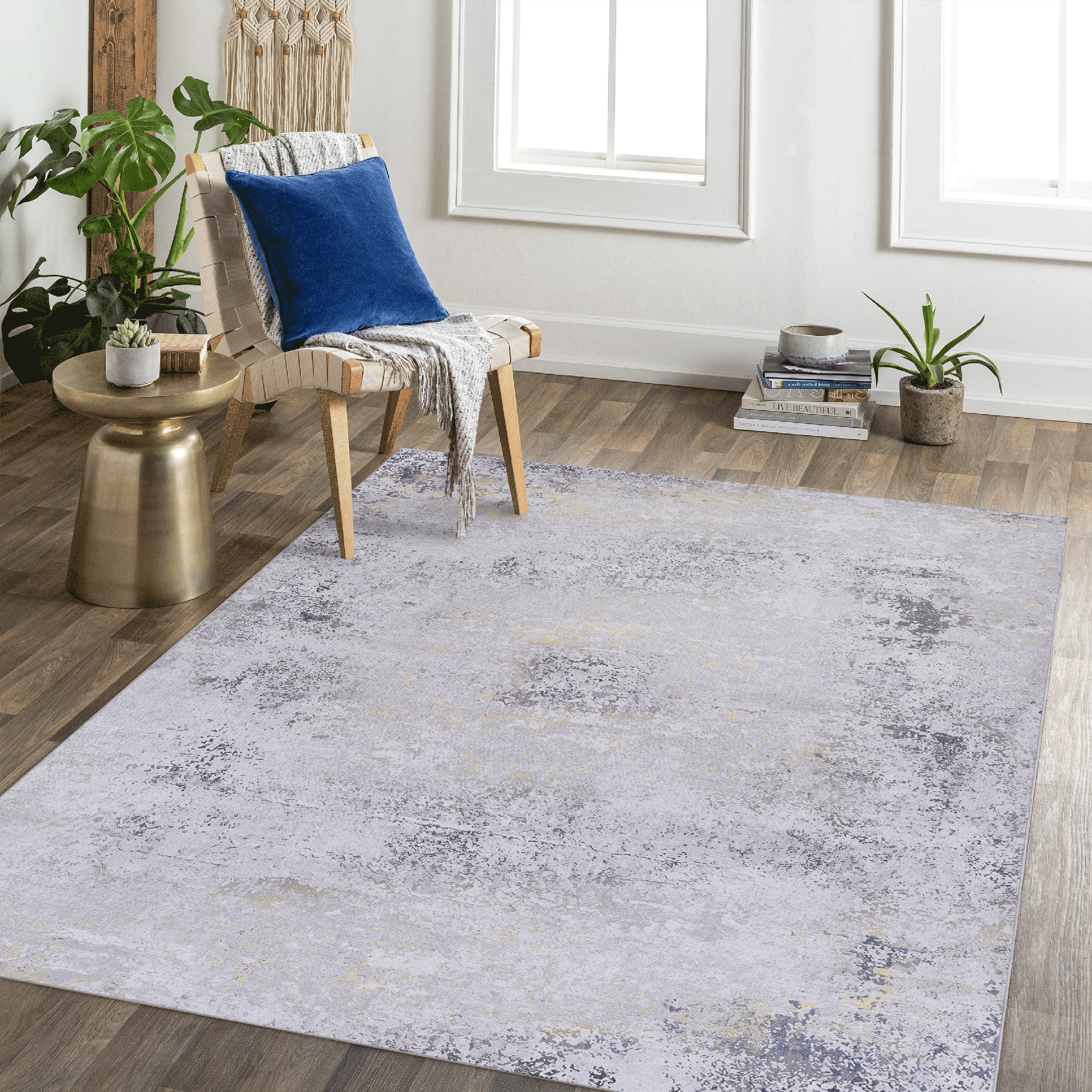 MAVAL Gold Washable Rug 3x5 Area Rug (Gray+Gold, 3' x 5')