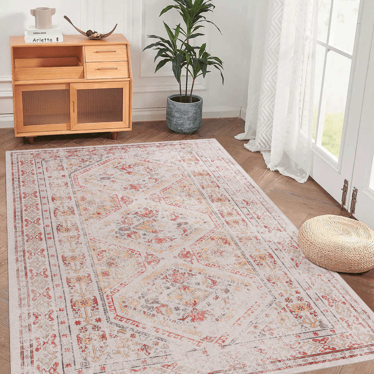 MAVAL Beige Washable Rug 6x9 Area Rug (Beige, 6' x 9')