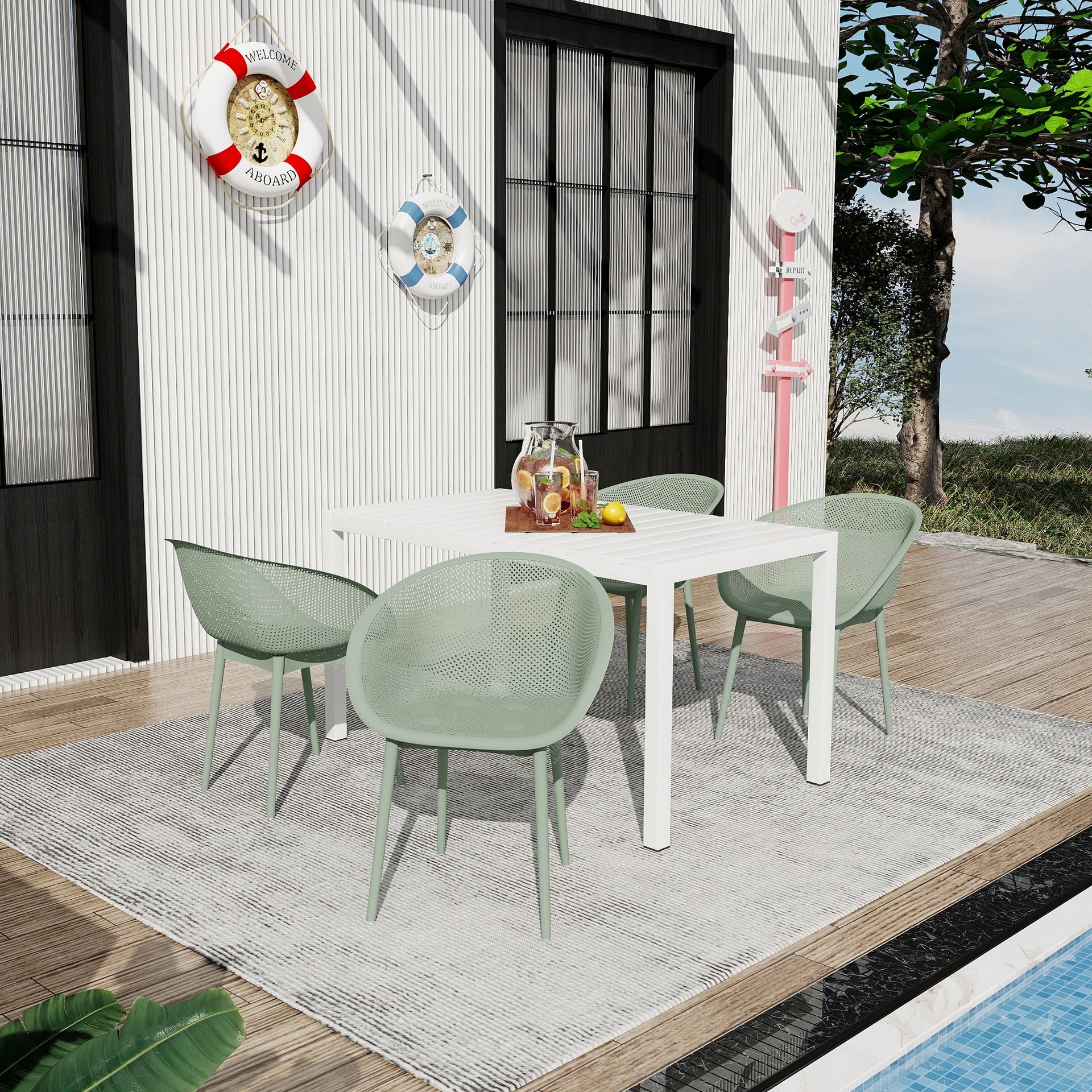 Holiday - 4-Pack Pale Green Modern Lounge Chairs – Indoor/Outdoor All-Weather PP Plastic with 55 Inch White Modern Long Table - Indoor/Outdoor- Lightweight PP Tabletop with Metal