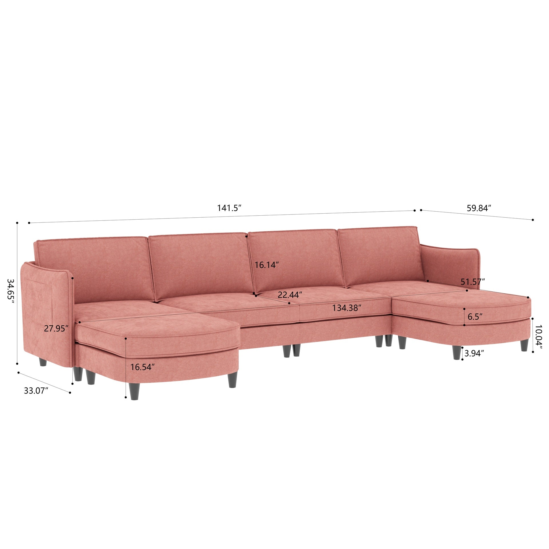 141.5''  Large Size 6 Seater Sofa Couch, U-Shaped Sofas with Movable Ottoman, Arm with Pockets,Modern Fabric Couches for Living Room, Apartment, Office