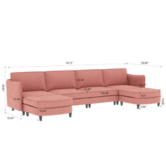 141.5''  Large Size 6 Seater Sofa Couch, U-Shaped Sofas with Movable Ottoman, Arm with Pockets,Modern Fabric Couches for Living Room, Apartment, Office