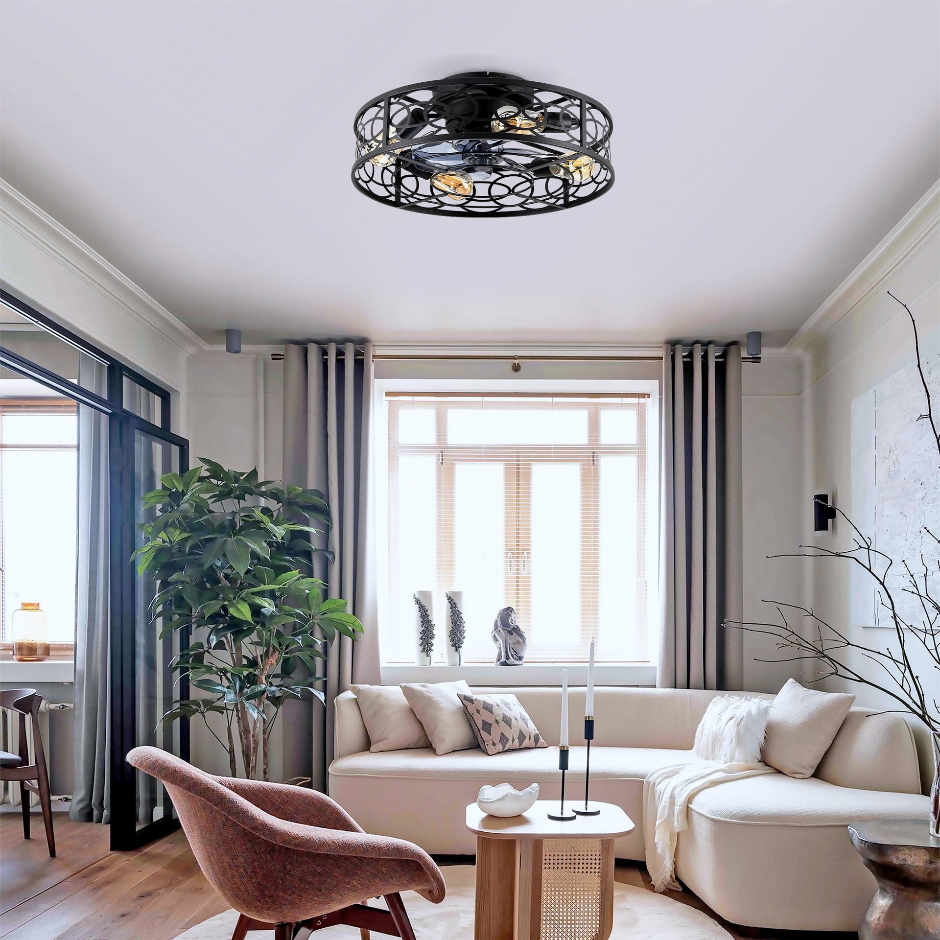 20" Low Profile Caged Ceiling Fans with  Remote Control,6 Speed, Farmhouse Flush Mount Ceiling Fan with 6 Speeds Reversible Motor, for Kitchen, Bedroom--NOT Included Bulbs