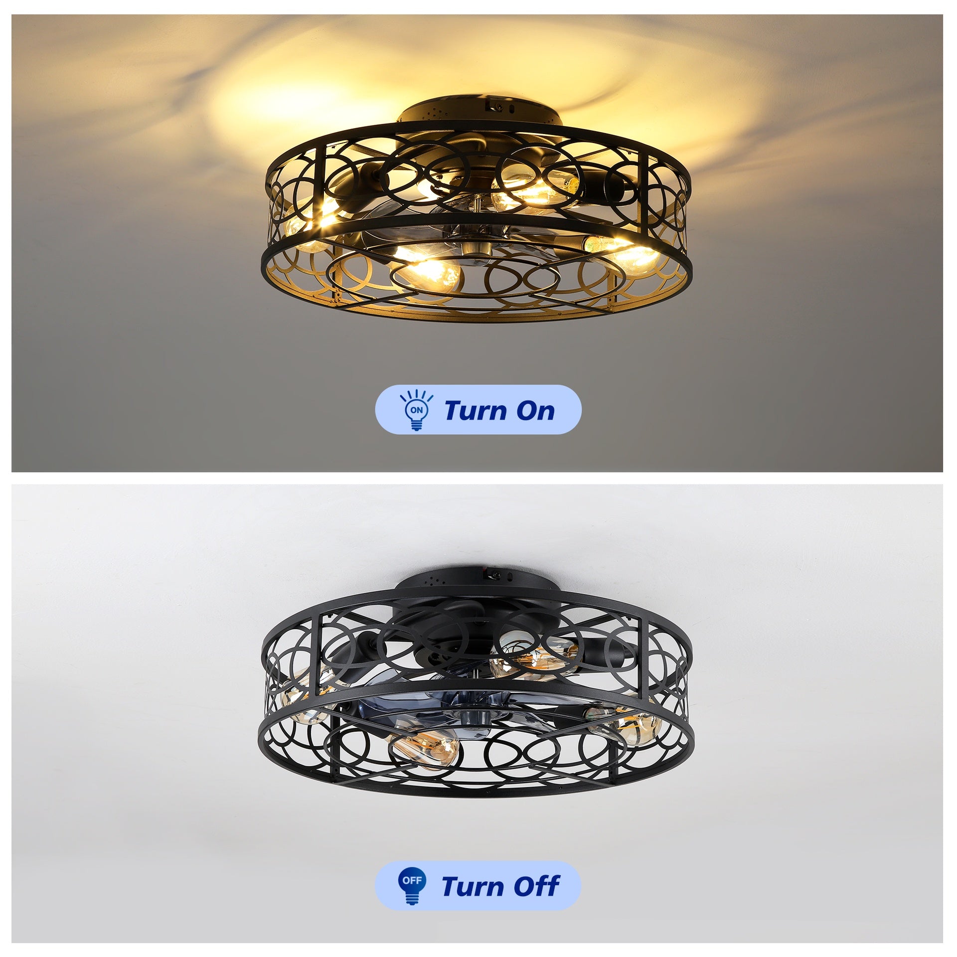 20" Low Profile Caged Ceiling Fans with  Remote Control,6 Speed, Farmhouse Flush Mount Ceiling Fan with 6 Speeds Reversible Motor, for Kitchen, Bedroom--NOT Included Bulbs
