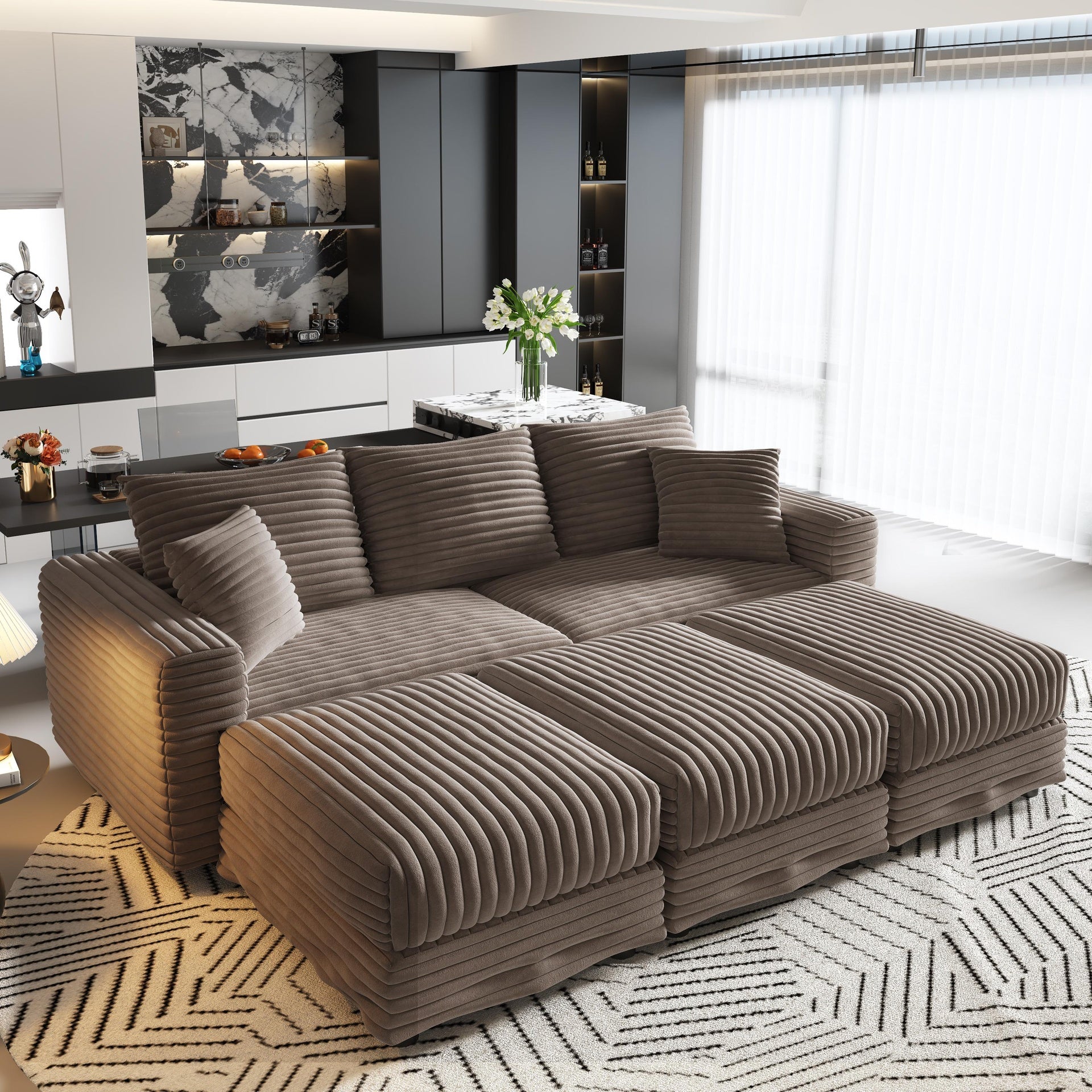 82.7 "Plush Corduroy 3-Seat Sofa,Modern Comfy Upholstered Sofa Cloud Couch,Deep Seat Couches with Soft Pillows and 3 Ottomans,Convertible Sofa Lounge Chair,Camel(Old SKU:W1885S00158)