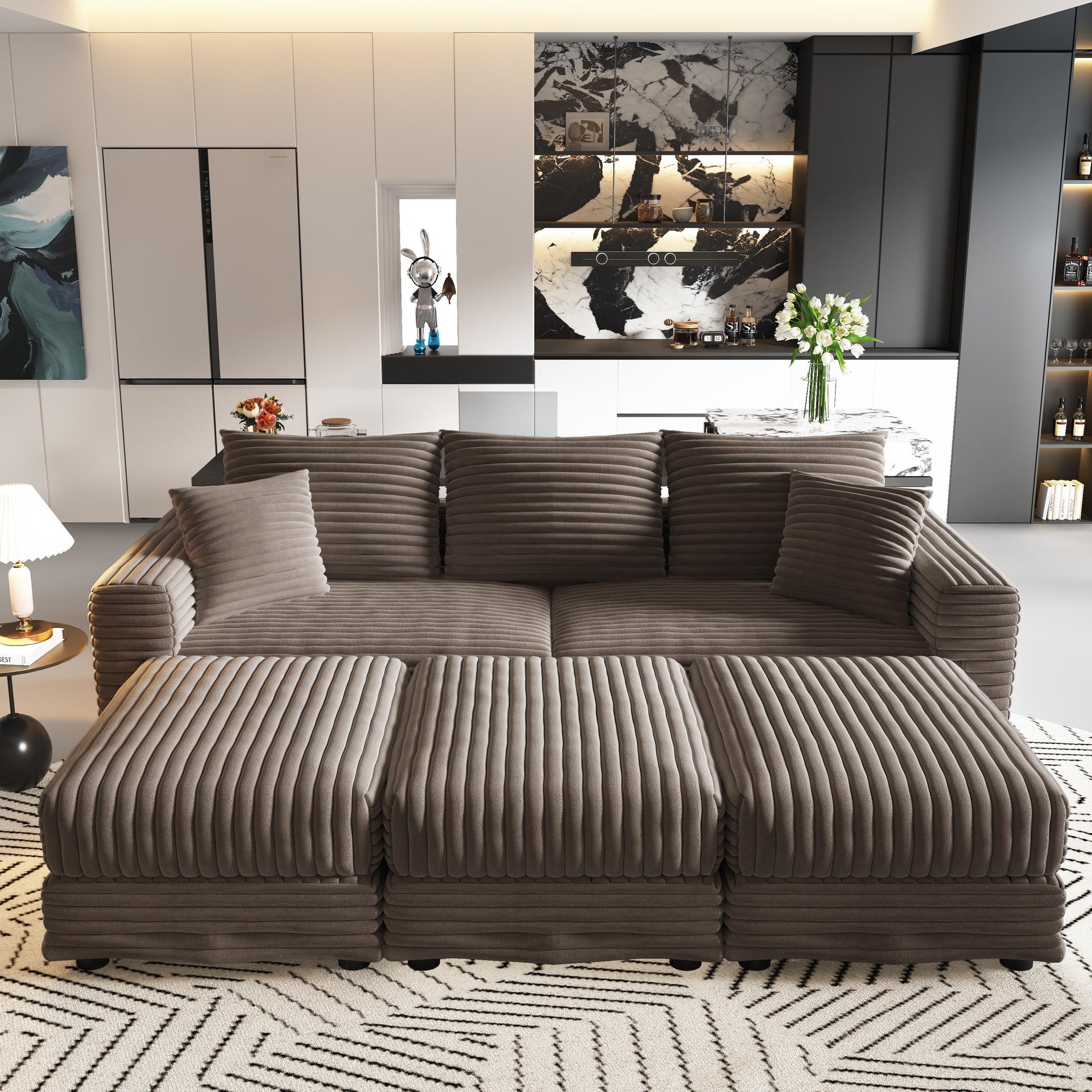 82.7 "Plush Corduroy 3-Seat Sofa,Modern Comfy Upholstered Sofa Cloud Couch,Deep Seat Couches with Soft Pillows and 3 Ottomans,Convertible Sofa Lounge Chair,Camel(Old SKU:W1885S00158)
