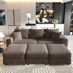 82.7 "Plush Corduroy 3-Seat Sofa,Modern Comfy Upholstered Sofa Cloud Couch,Deep Seat Couches with Soft Pillows and 3 Ottomans,Convertible Sofa Lounge Chair,Camel(Old SKU:W1885S00158)