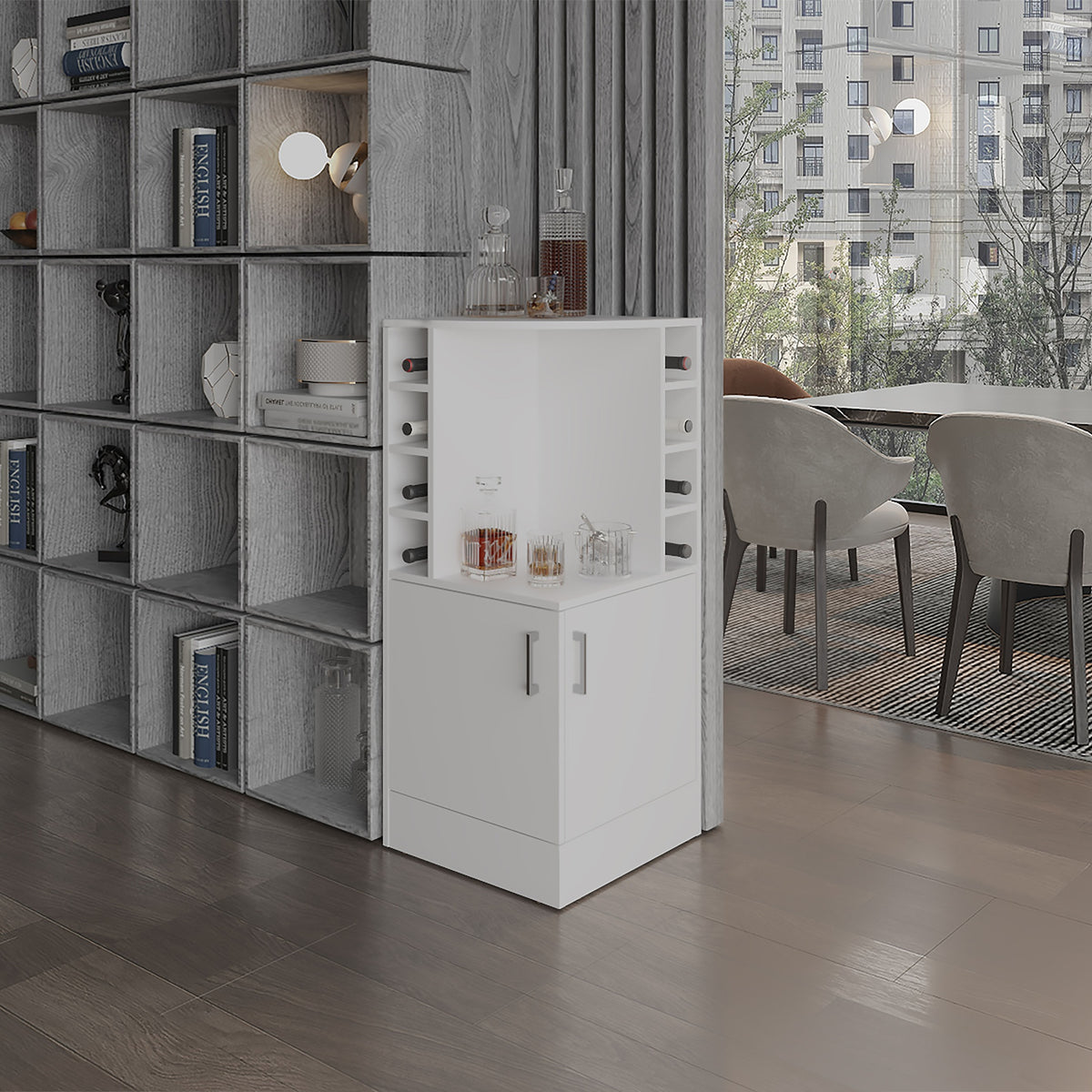 Jakes 42" Tall Corner Bar Cabinet with Eight Wine Bottle Cubbies and Double Door cabinet, Living Room, Liquor Cabinet, Storage Cabinet White