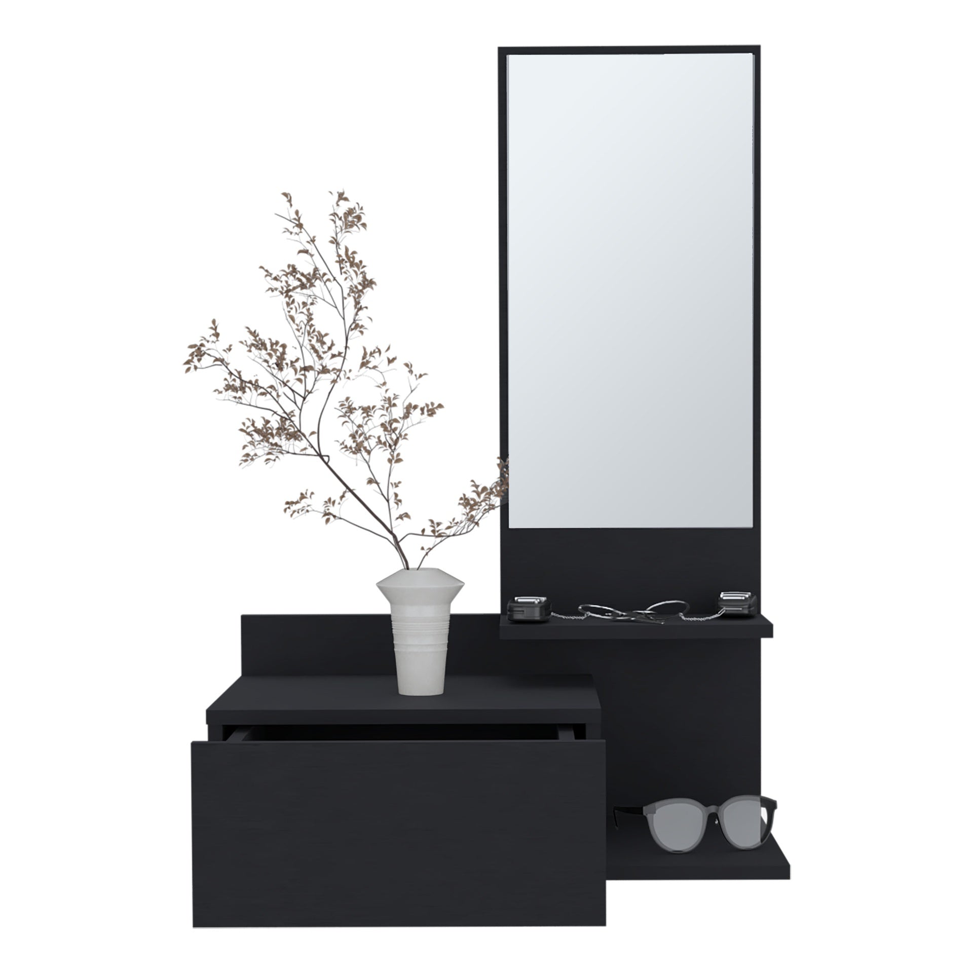 Vienna 23.6" Wide 3-Tier Shelf  Floating  Mirror Console Table, Full Extension Drawer Black