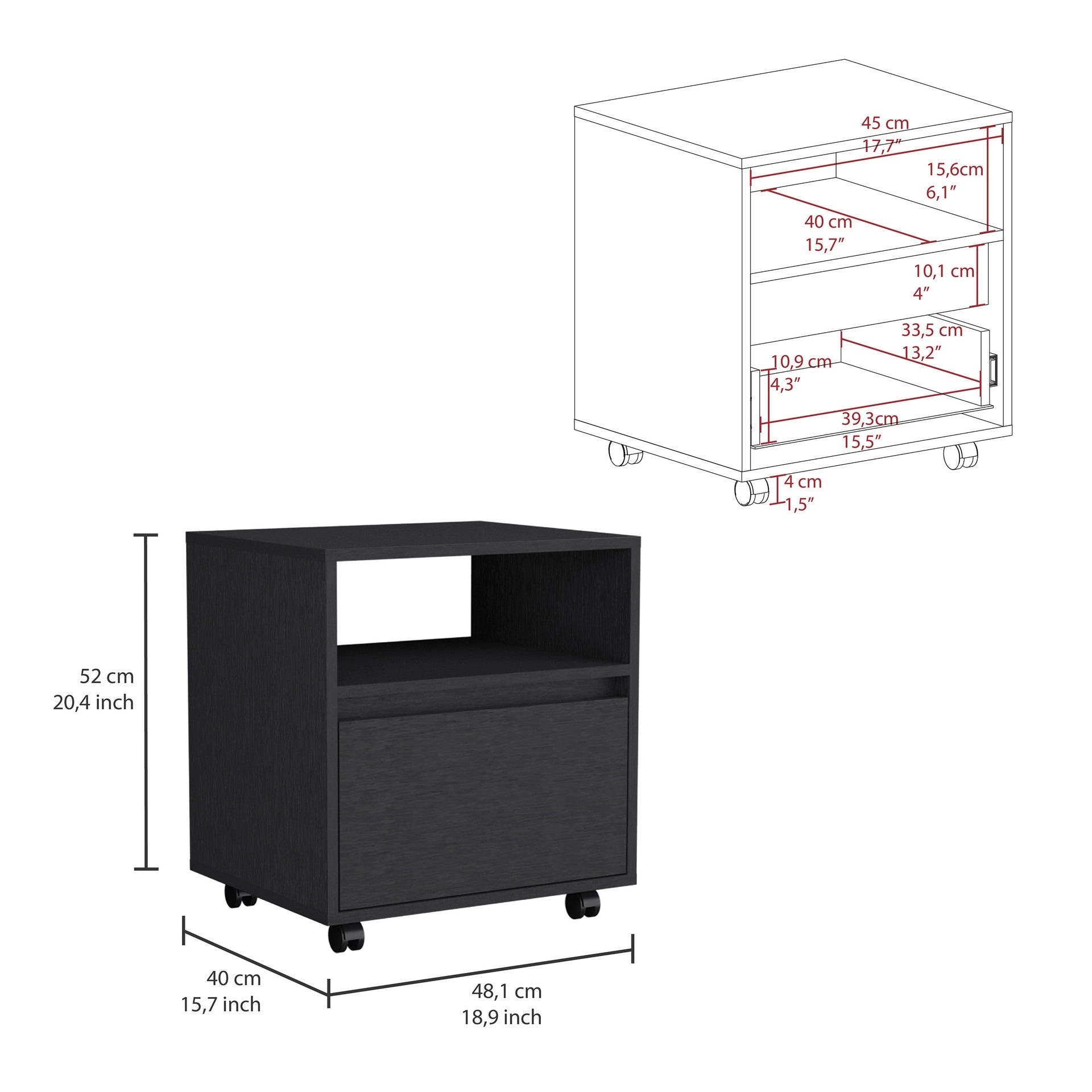 Austin Nightstand , End Table, Side Table Casters, Single Drawer-Black