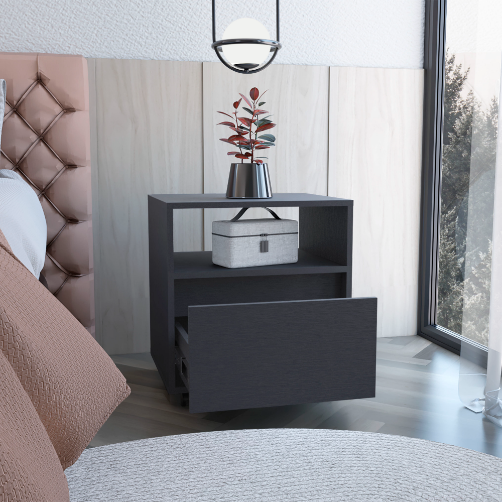 Austin Nightstand , End Table, Side Table Casters, Single Drawer-Black